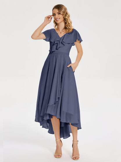 Gabriela Short Sleeves High Low Bridesmaid Dress with Pockets