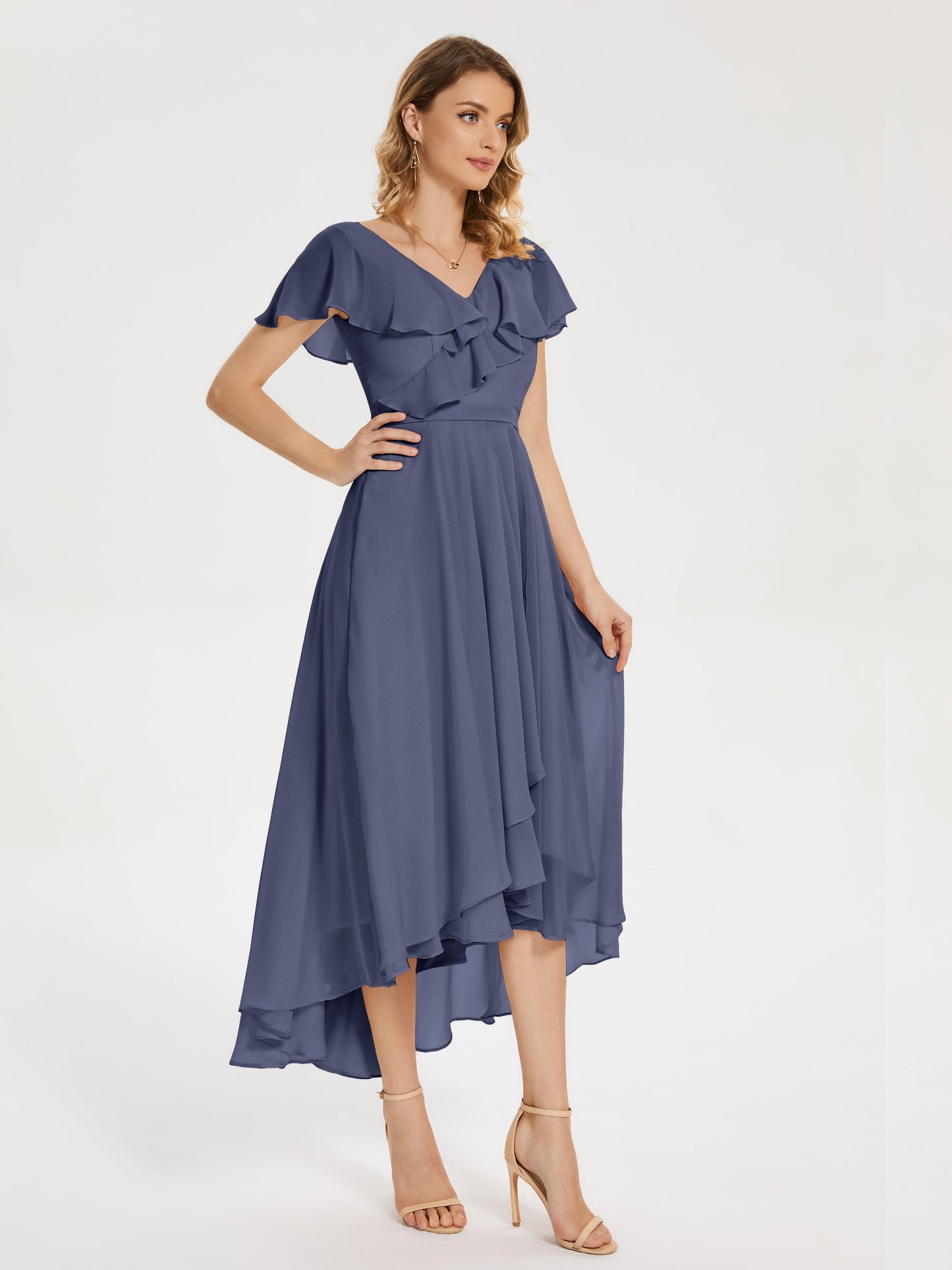Gabriela Short Sleeves High Low Bridesmaid Dress with Pockets