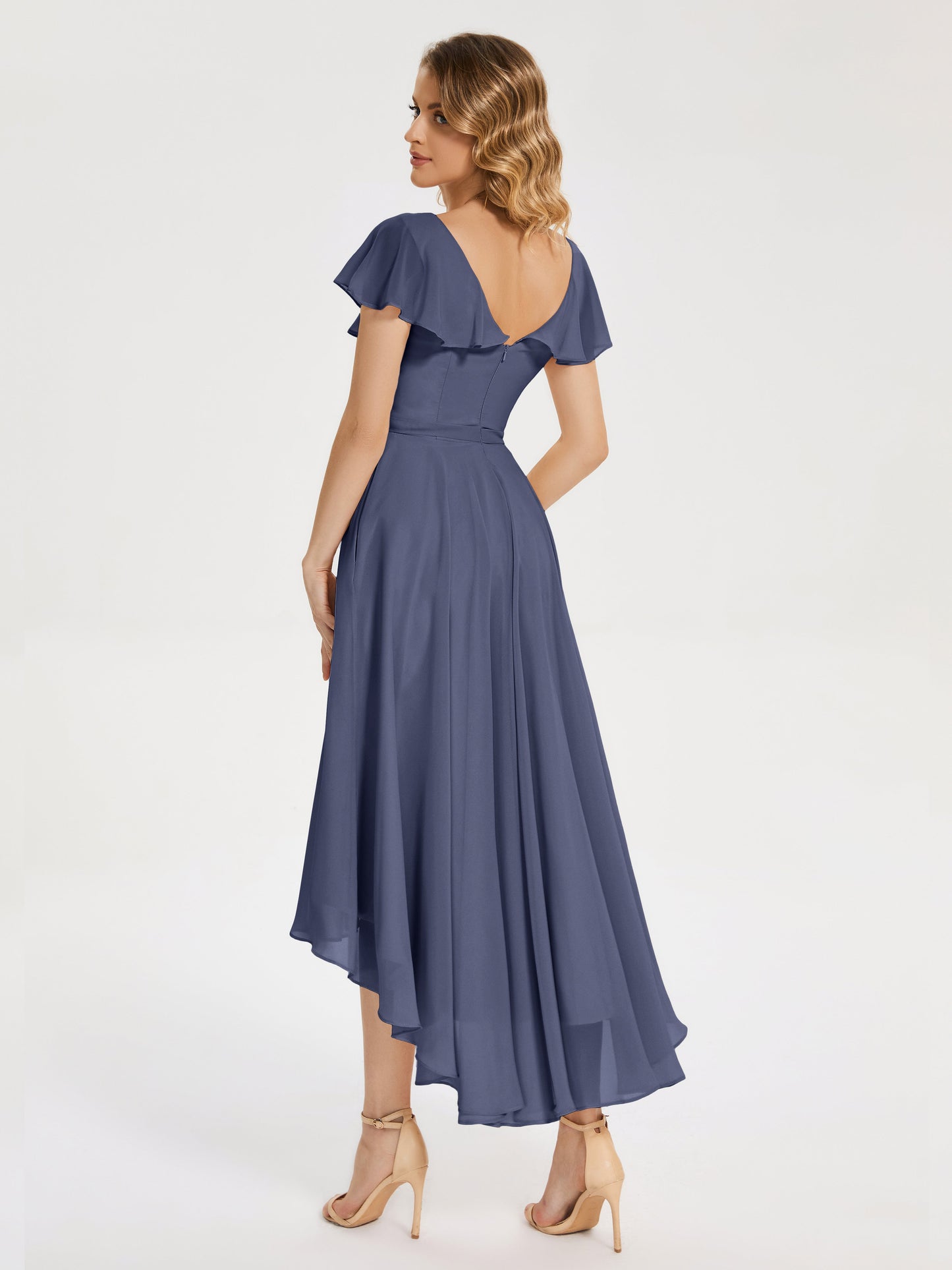 Gabriela Short Sleeves High Low Bridesmaid Dress with Pockets