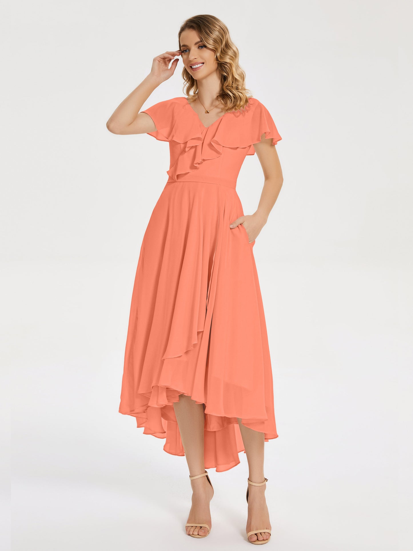 Gabriela Short Sleeves High Low Bridesmaid Dress with Pockets