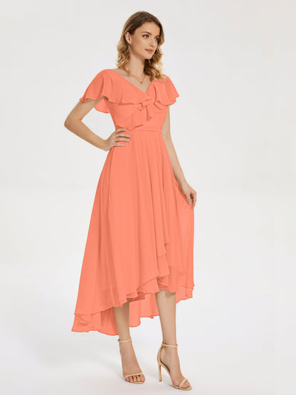 Gabriela Short Sleeves High Low Bridesmaid Dress with Pockets