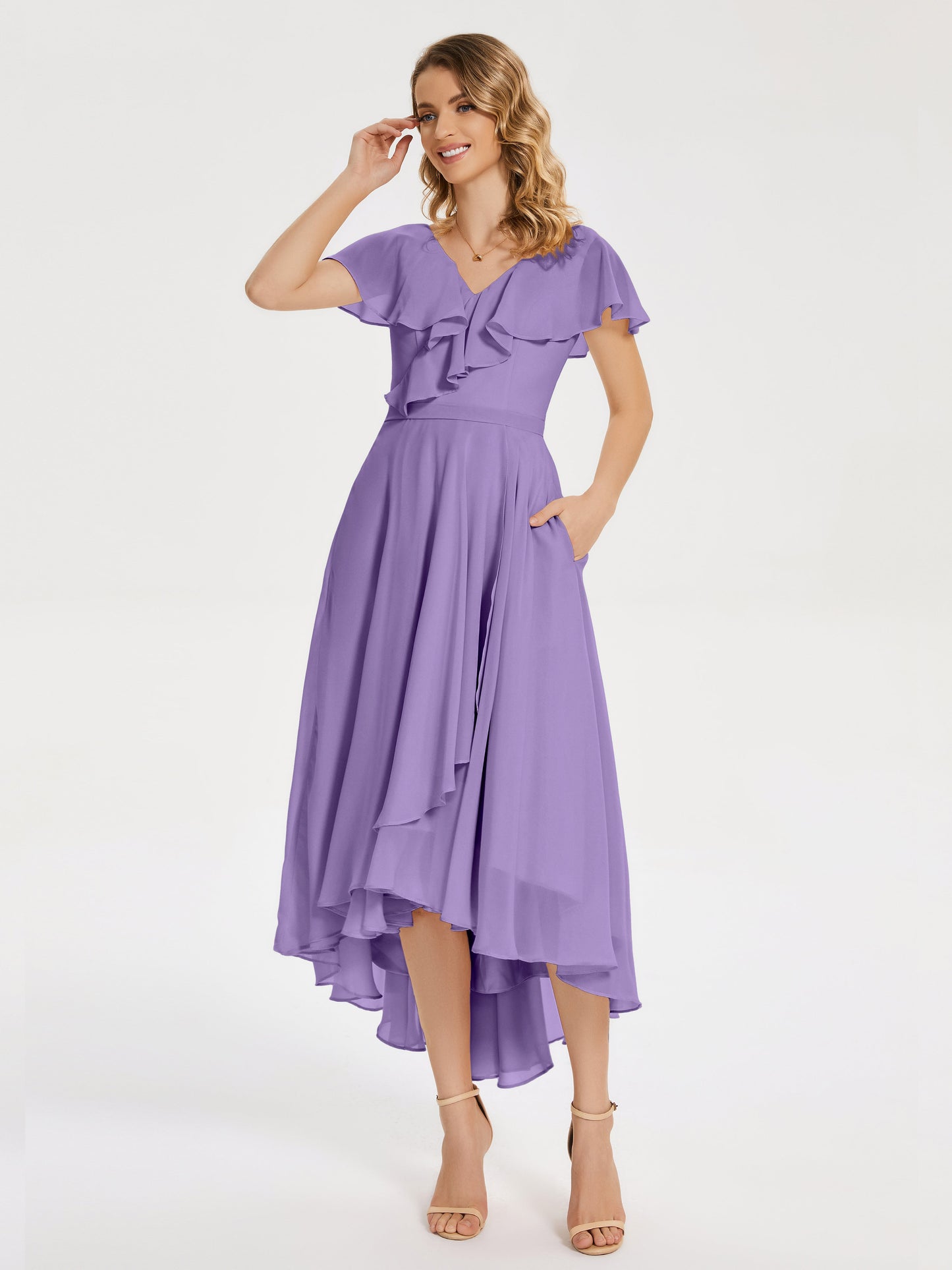 Gabriela Short Sleeves High Low Bridesmaid Dress with Pockets