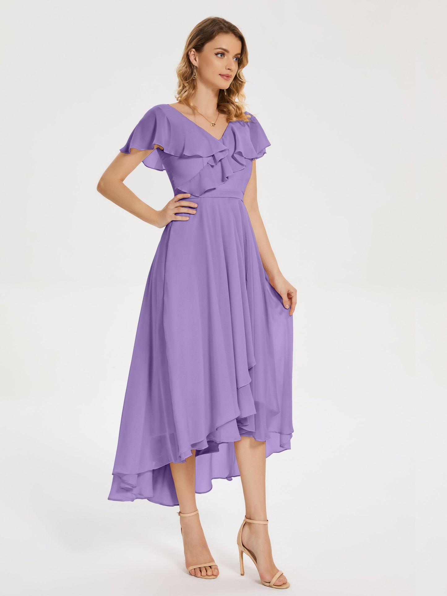 Gabriela Short Sleeves High Low Bridesmaid Dress with Pockets