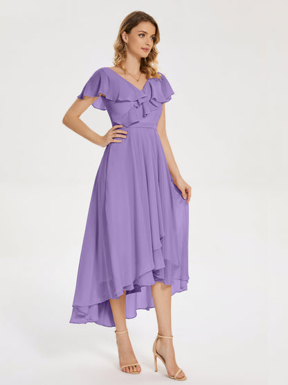Gabriela Short Sleeves High Low Bridesmaid Dress with Pockets