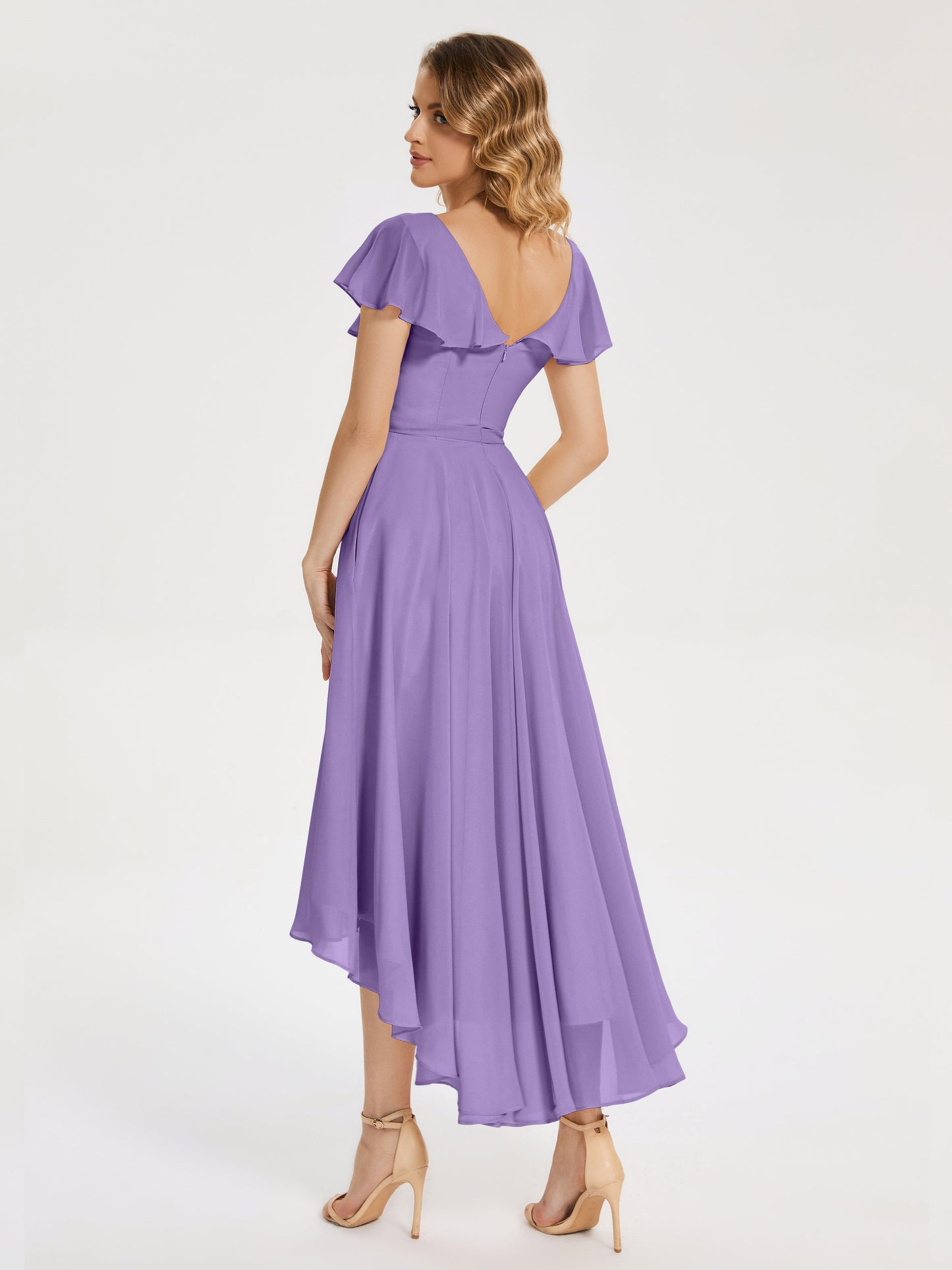 Gabriela Short Sleeves High Low Bridesmaid Dress with Pockets