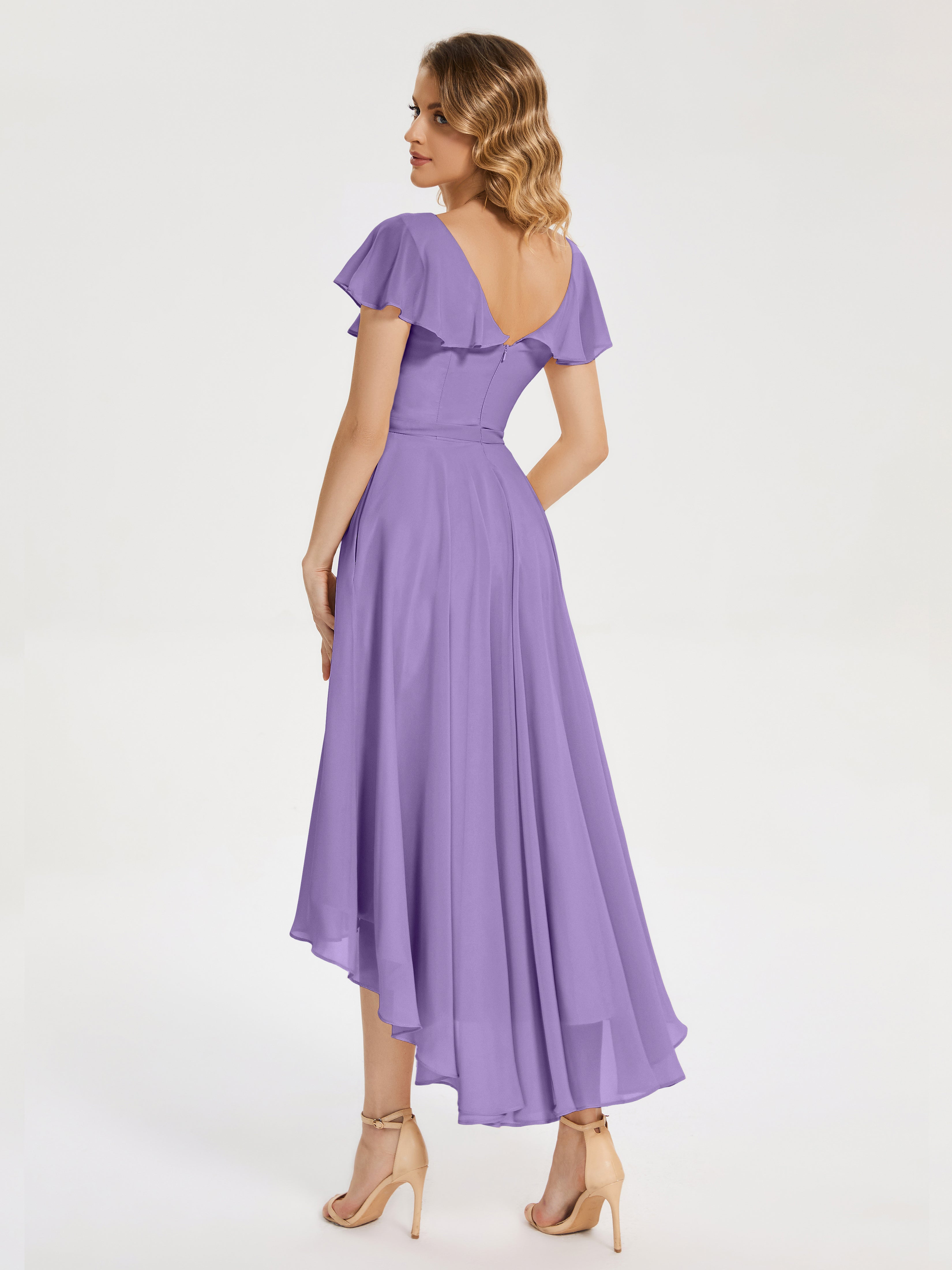 Gabriela Short Sleeves High Low Bridesmaid Dress with Pockets