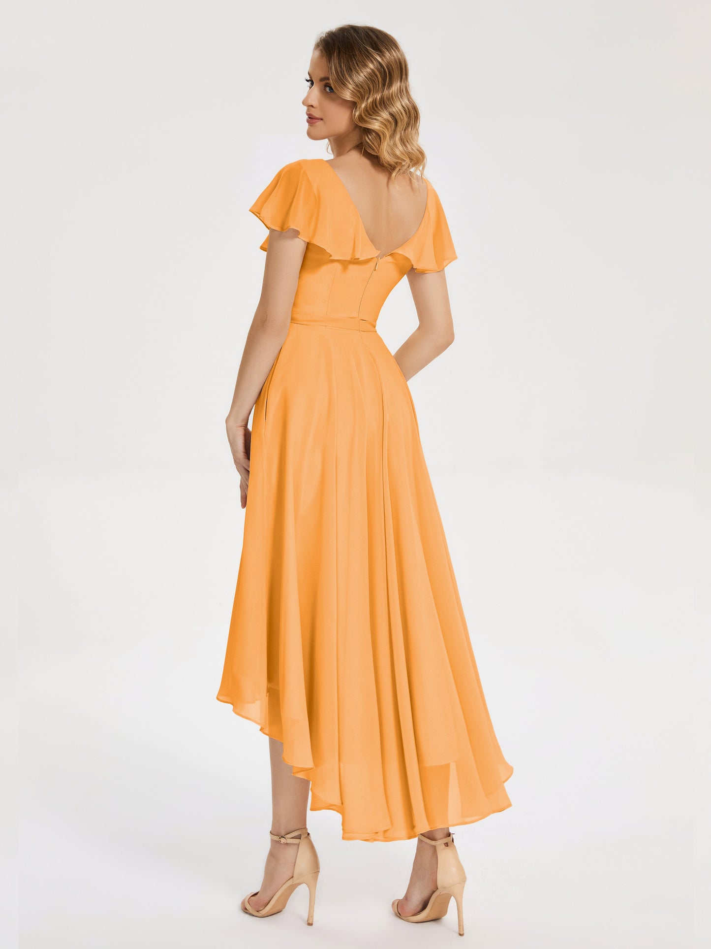Gabriela Short Sleeves High Low Bridesmaid Dress with Pockets