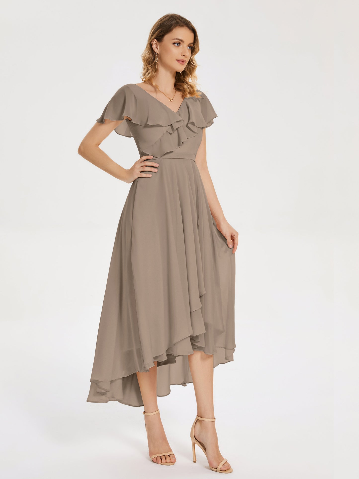 Gabriela Short Sleeves High Low Bridesmaid Dress with Pockets