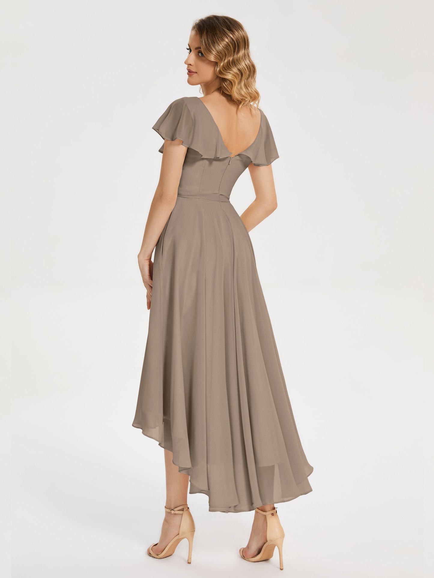 Gabriela Short Sleeves High Low Bridesmaid Dress with Pockets