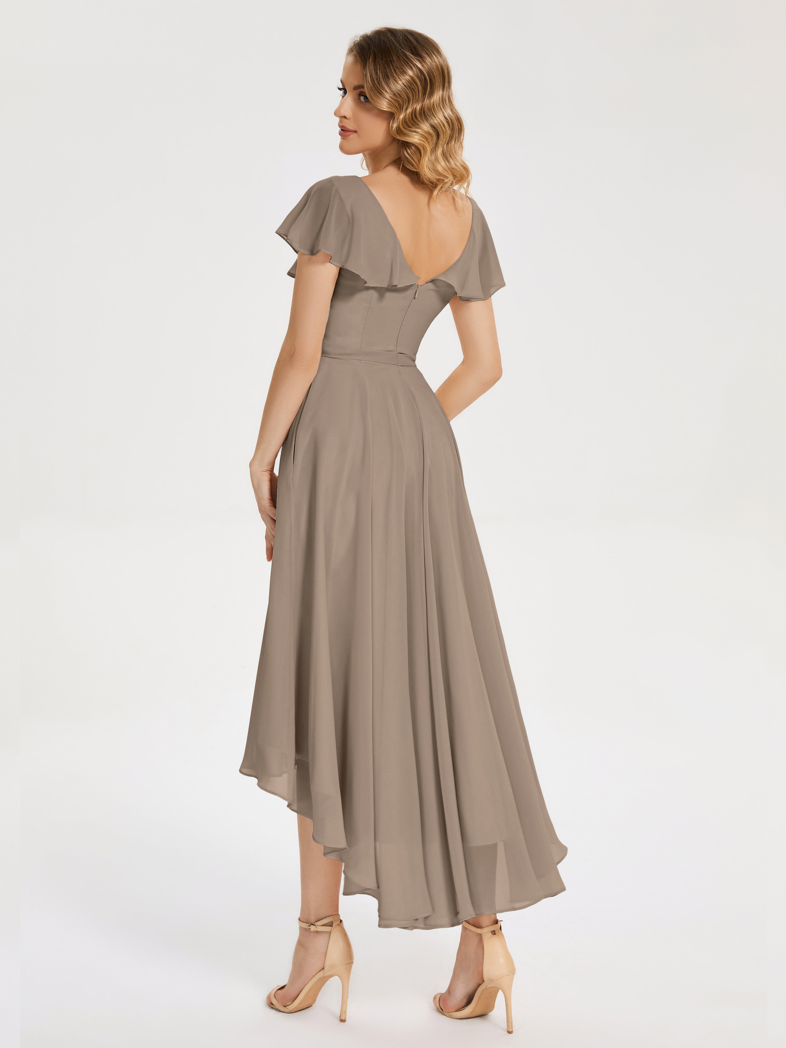 Gabriela Short Sleeves High Low Bridesmaid Dress with Pockets