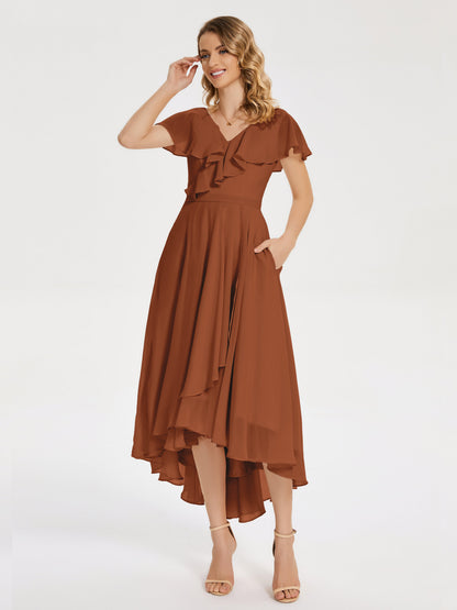 Gabriela Short Sleeves High Low Bridesmaid Dress with Pockets