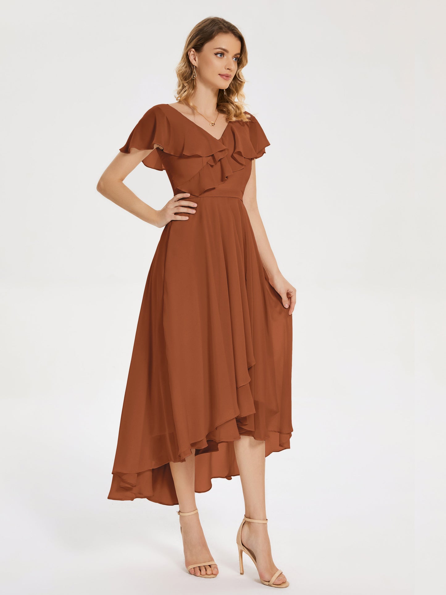 Gabriela Short Sleeves High Low Bridesmaid Dress with Pockets