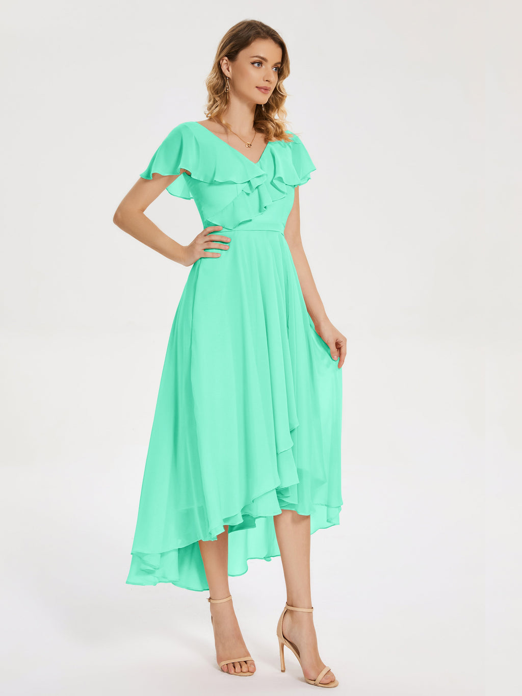 Gabriela Short Sleeves High Low Bridesmaid Dress with Pockets