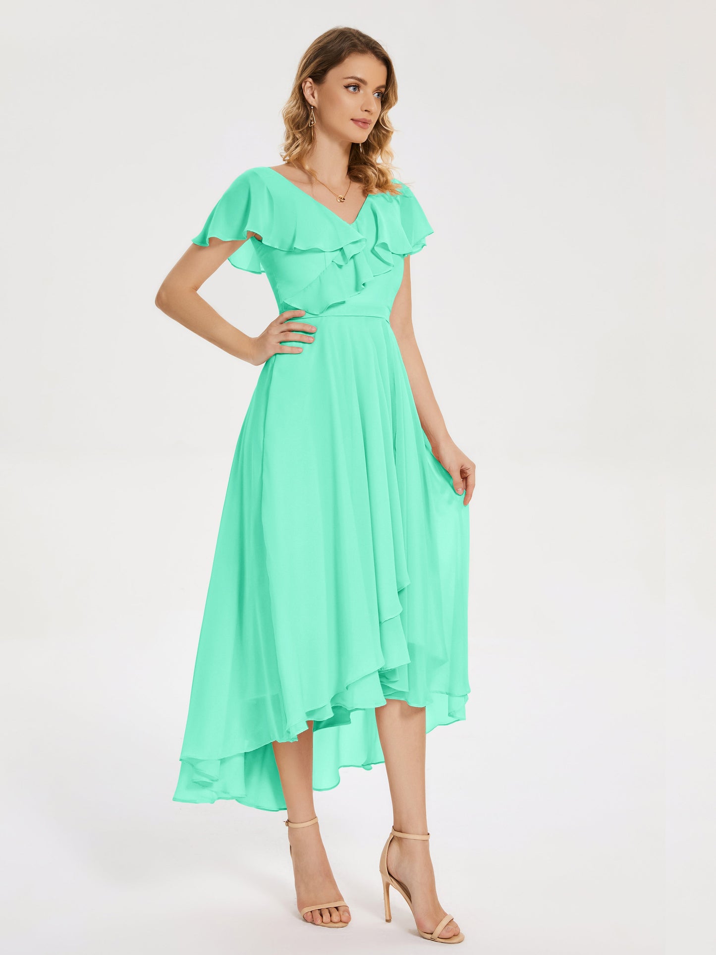 Gabriela Short Sleeves High Low Bridesmaid Dress with Pockets
