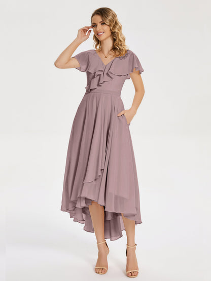 Gabriela Short Sleeves High Low Bridesmaid Dress with Pockets