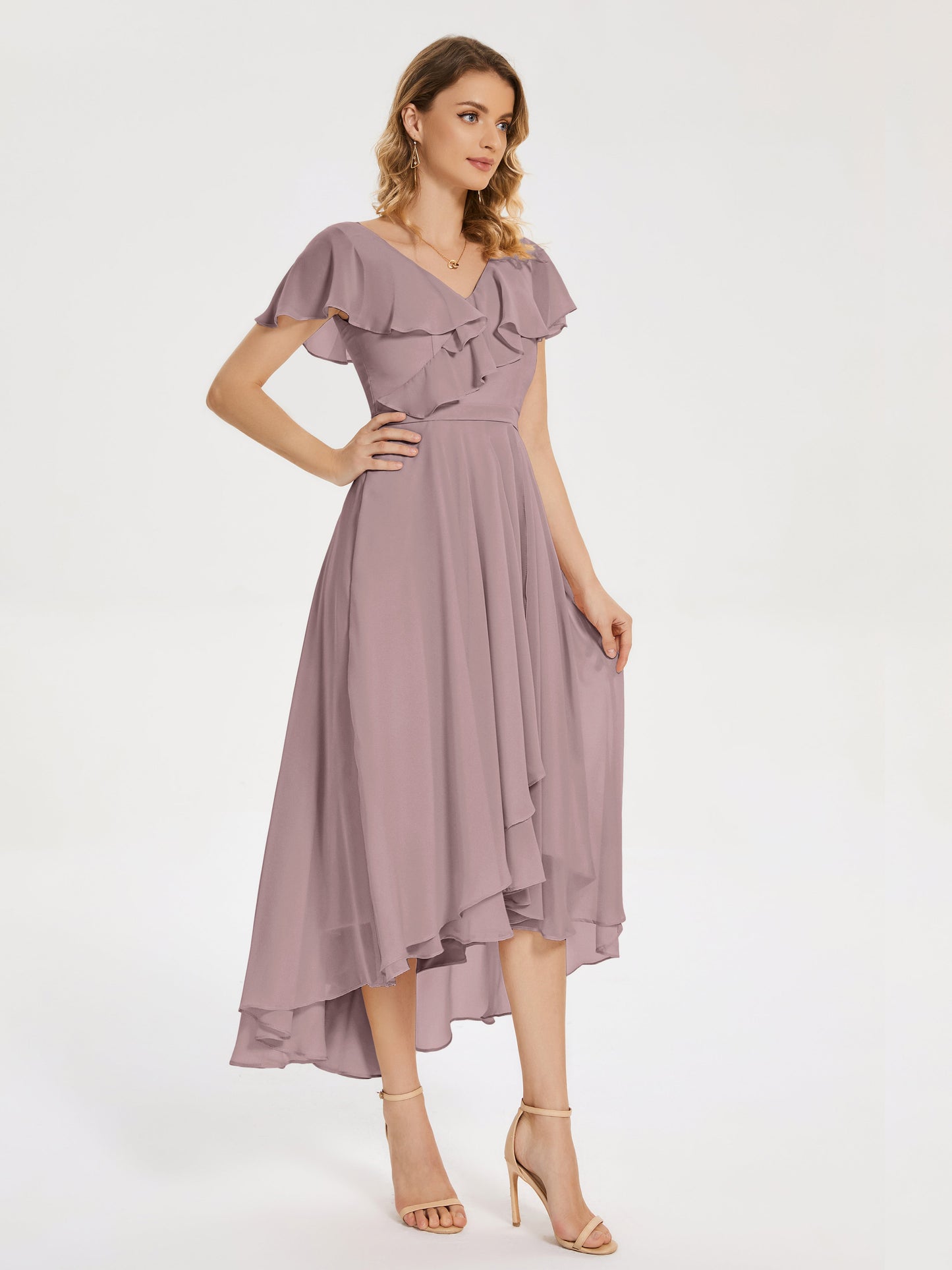 Gabriela Short Sleeves High Low Bridesmaid Dress with Pockets
