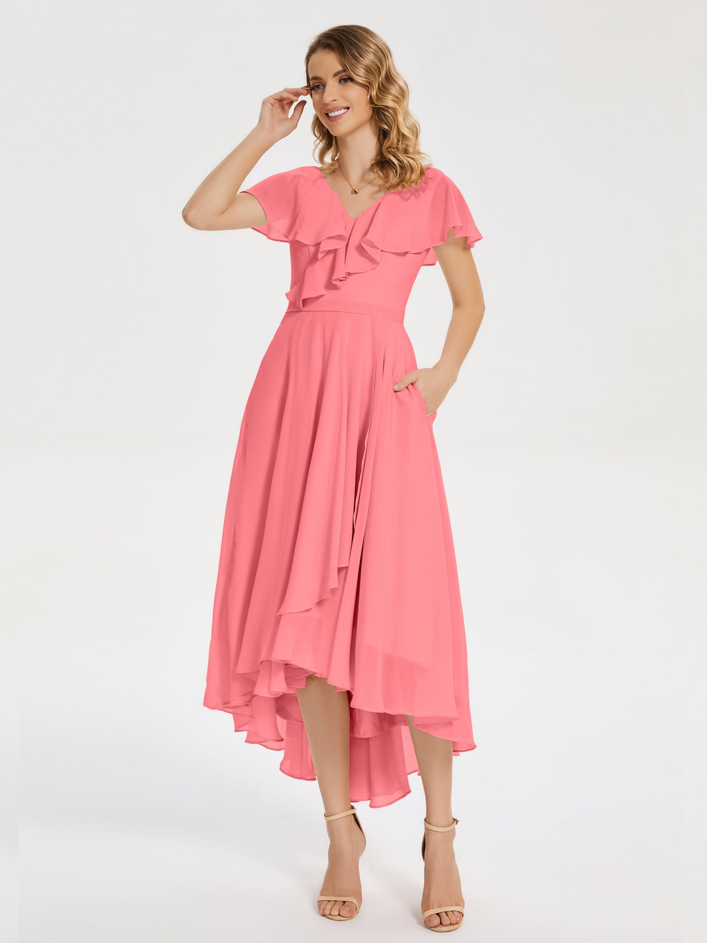 Gabriela Short Sleeves High Low Bridesmaid Dress with Pockets