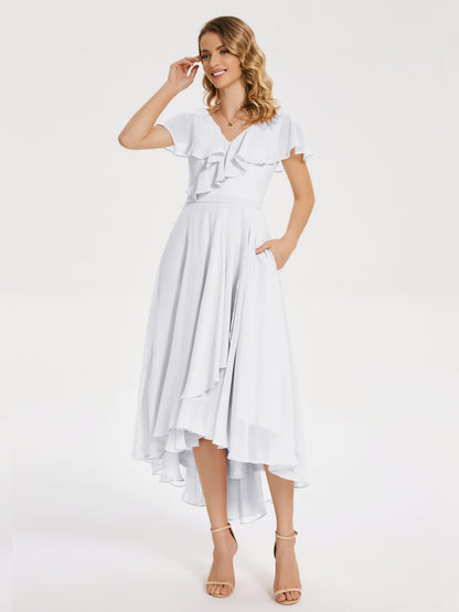 Gabriela Short Sleeves High Low Bridesmaid Dress with Pockets