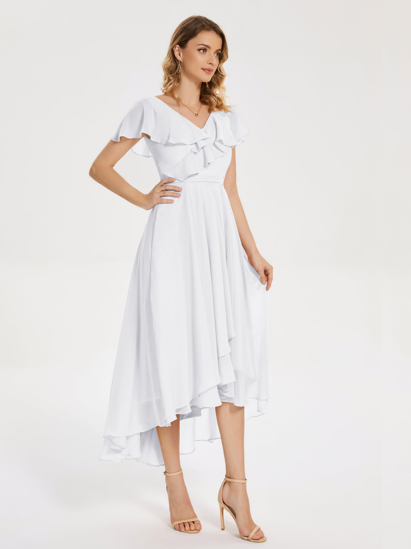 Gabriela Short Sleeves High Low Bridesmaid Dress with Pockets