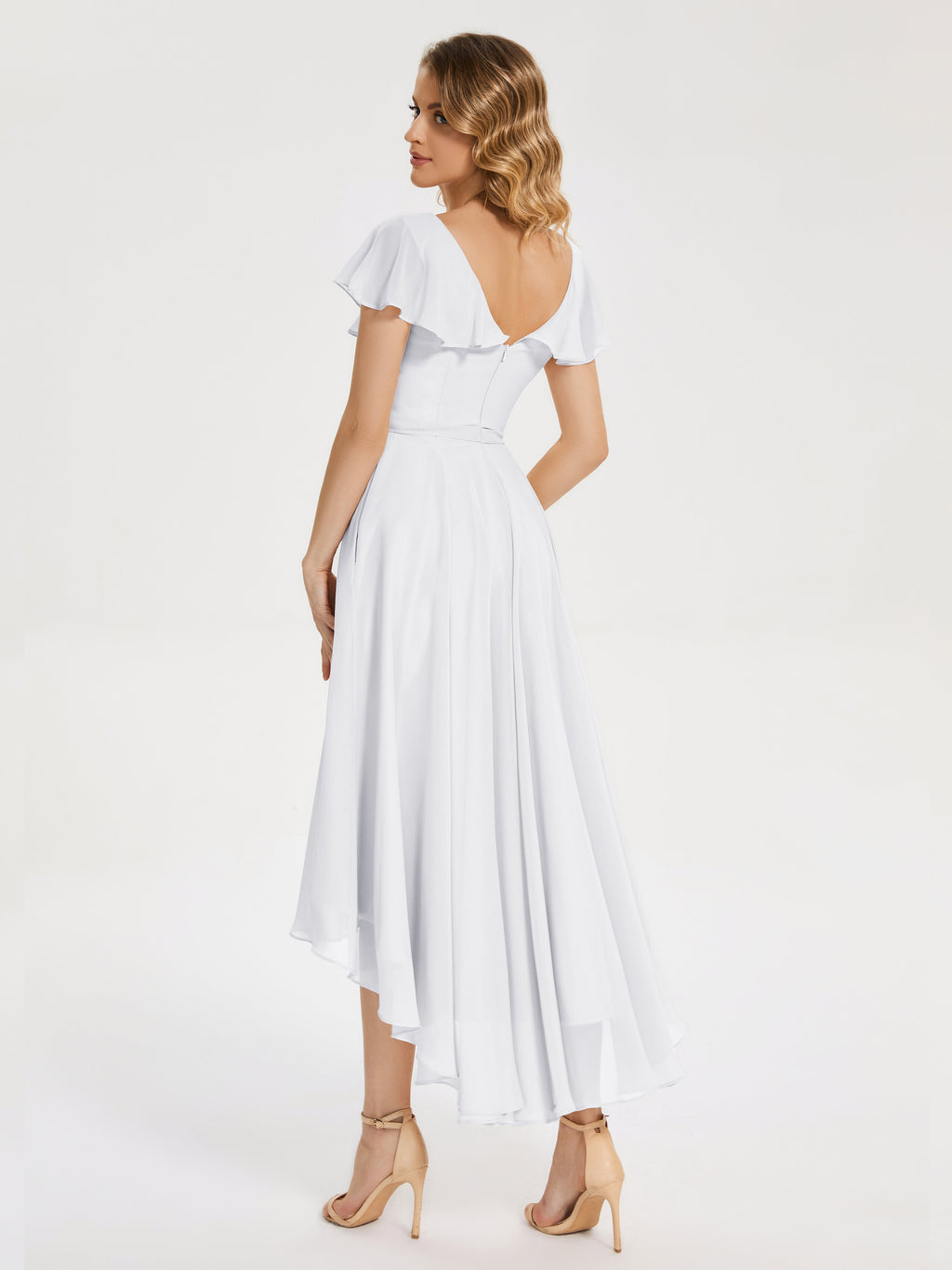 Gabriela Short Sleeves High Low Bridesmaid Dress with Pockets