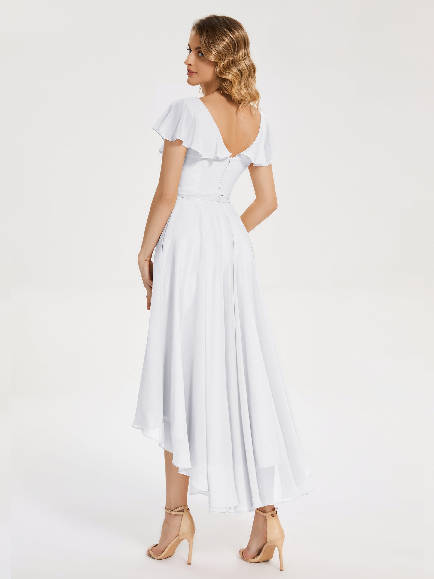 Gabriela Short Sleeves High Low Bridesmaid Dress with Pockets