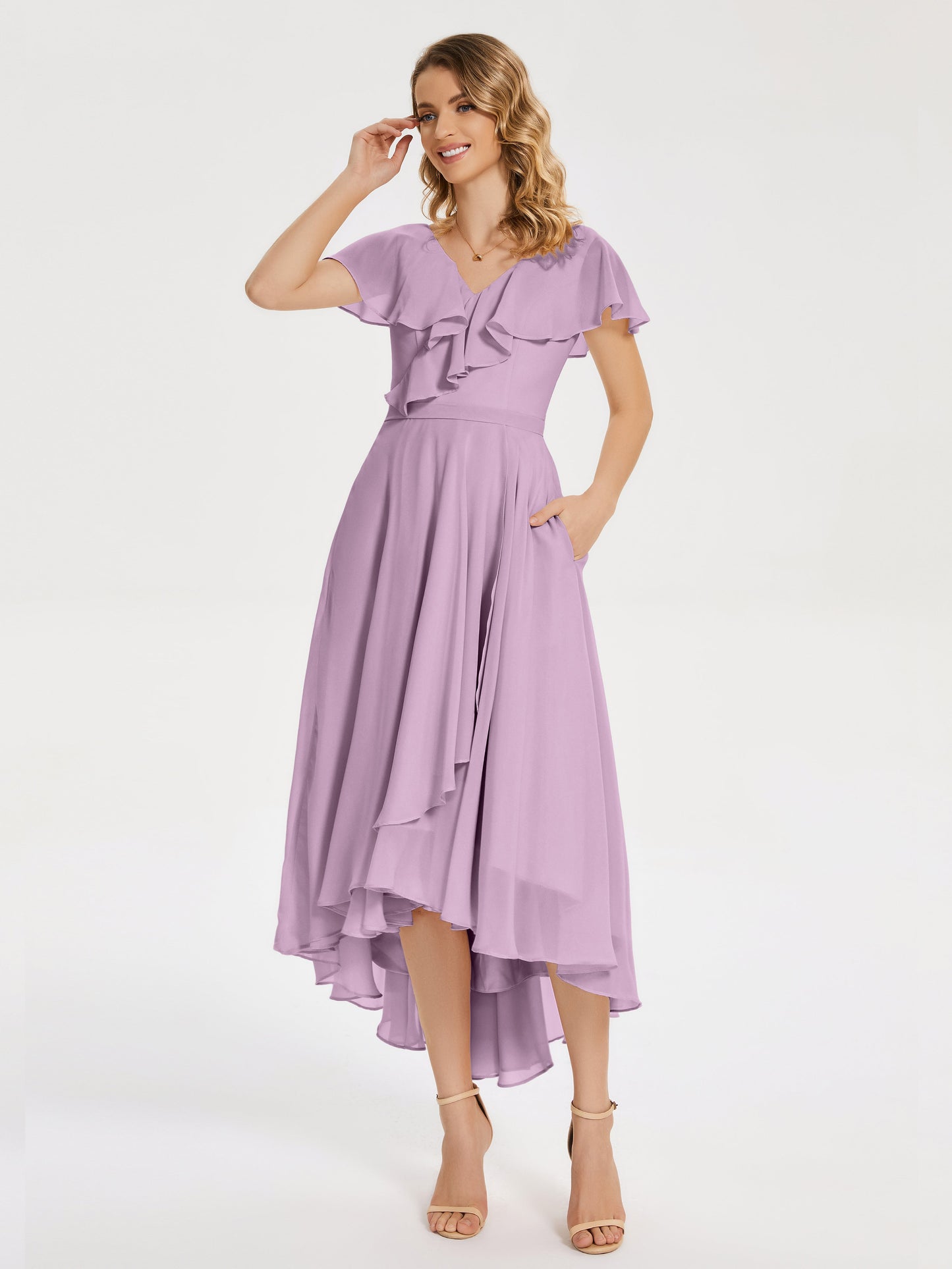 Gabriela Short Sleeves High Low Bridesmaid Dress with Pockets