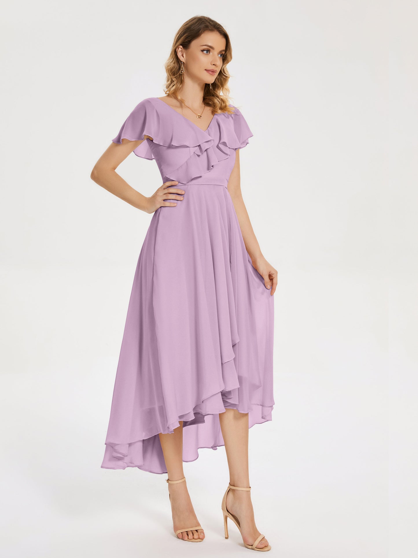 Gabriela Short Sleeves High Low Bridesmaid Dress with Pockets