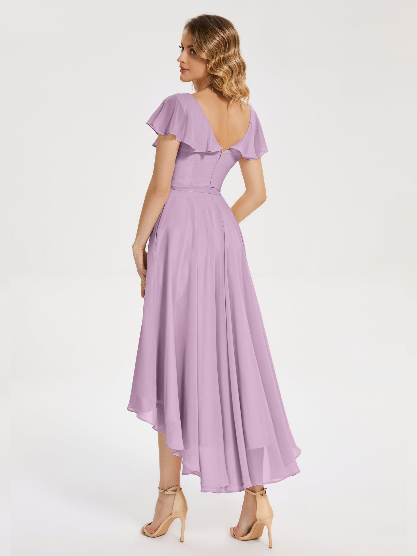 Gabriela Short Sleeves High Low Bridesmaid Dress with Pockets
