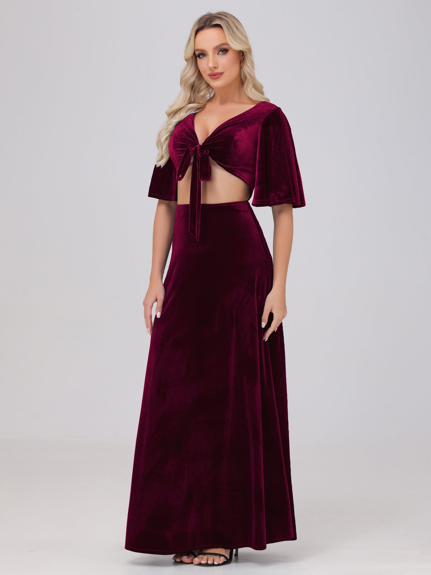 Short Sleeves Chest Tie A-line Velvet Bridesmaid Dresses