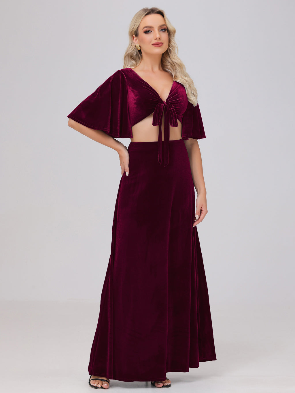 Short Sleeves Chest Tie A-line Velvet Bridesmaid Dresses