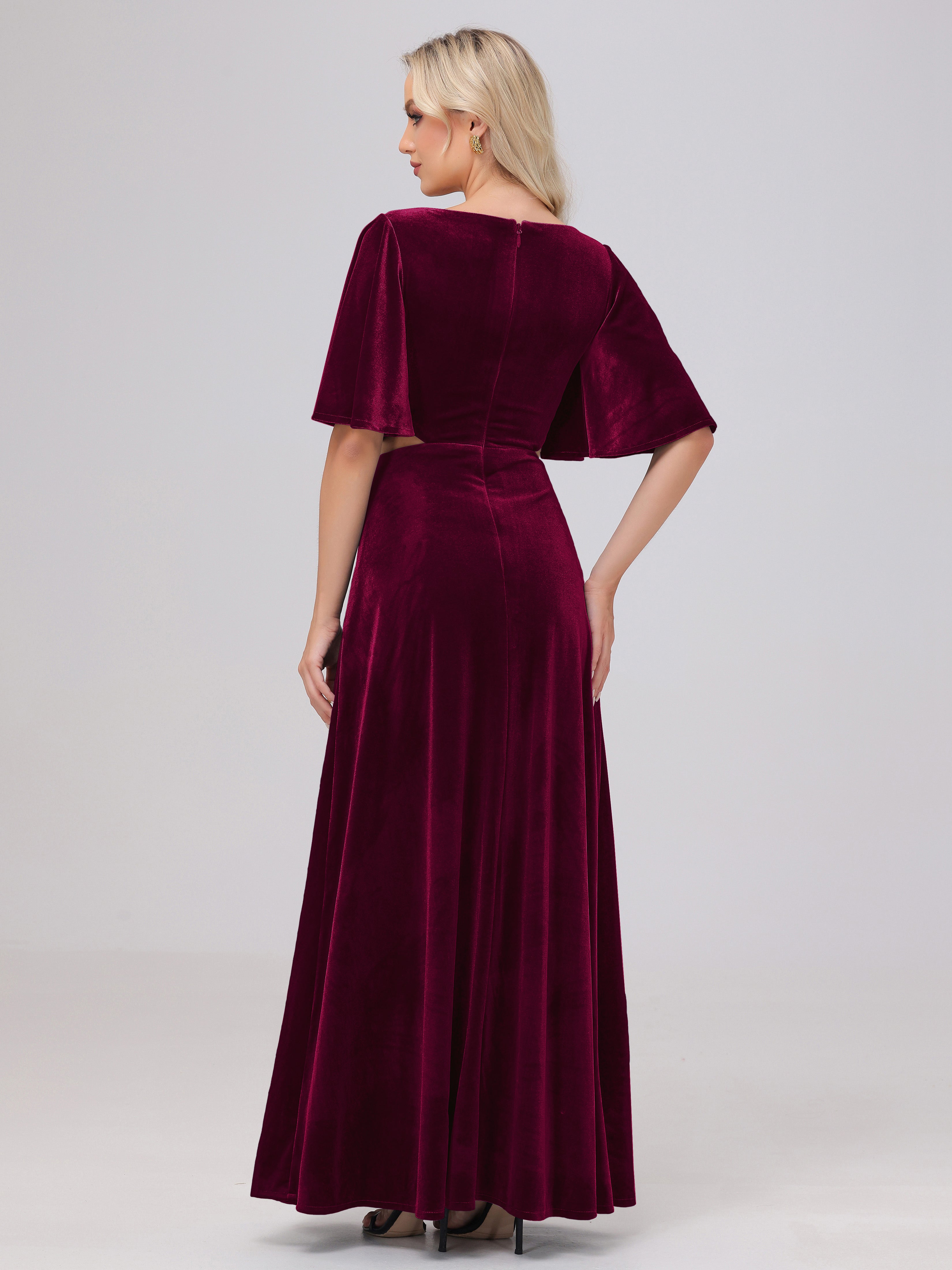 Short Sleeves Chest Tie A-line Velvet Bridesmaid Dresses