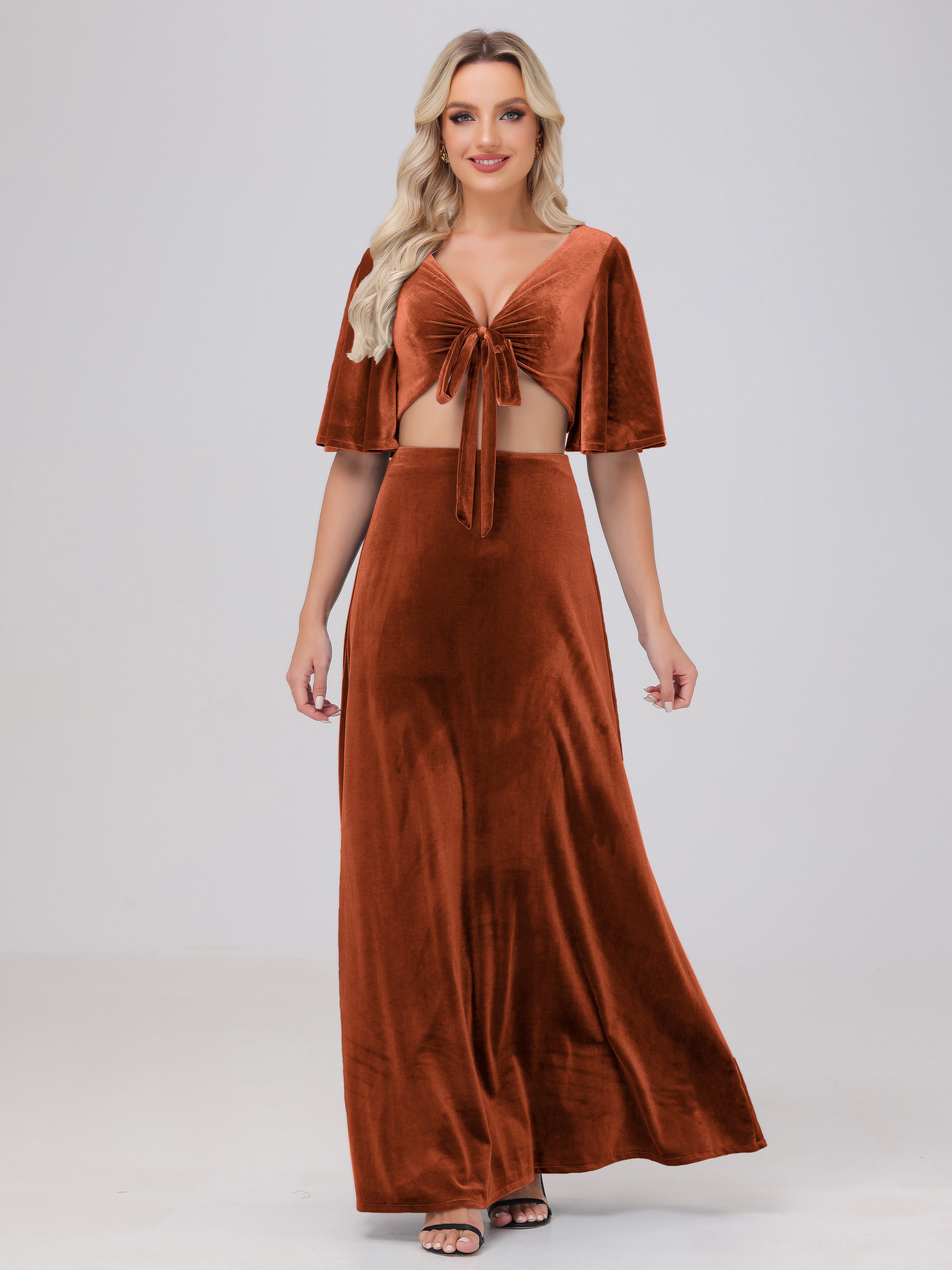 Short Sleeves Chest Tie A-line Velvet Bridesmaid Dresses