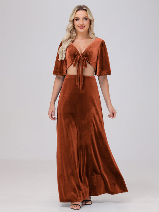 Short Sleeves Chest Tie A-line Velvet Bridesmaid Dresses