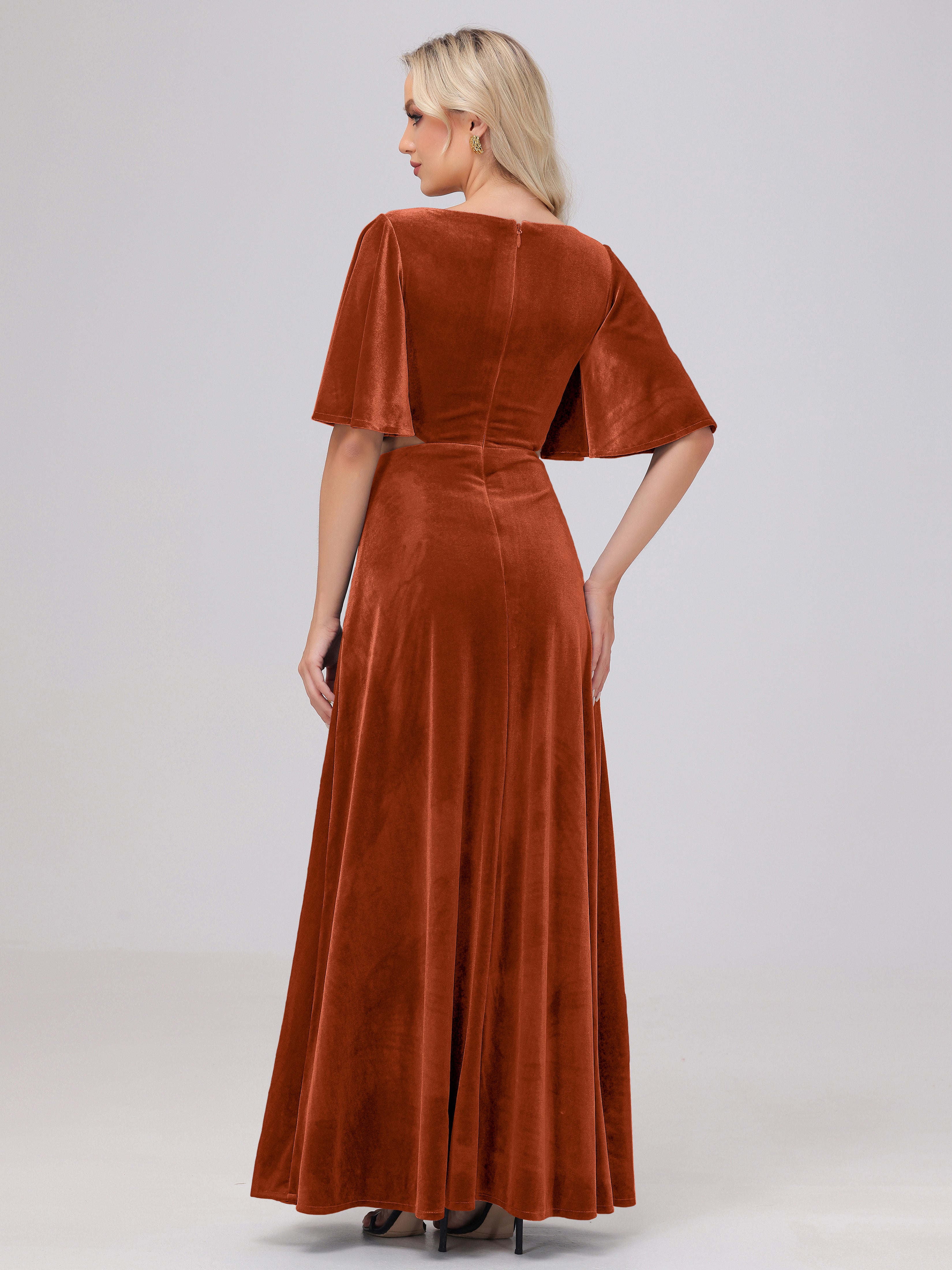Short Sleeves Chest Tie A-line Velvet Bridesmaid Dresses