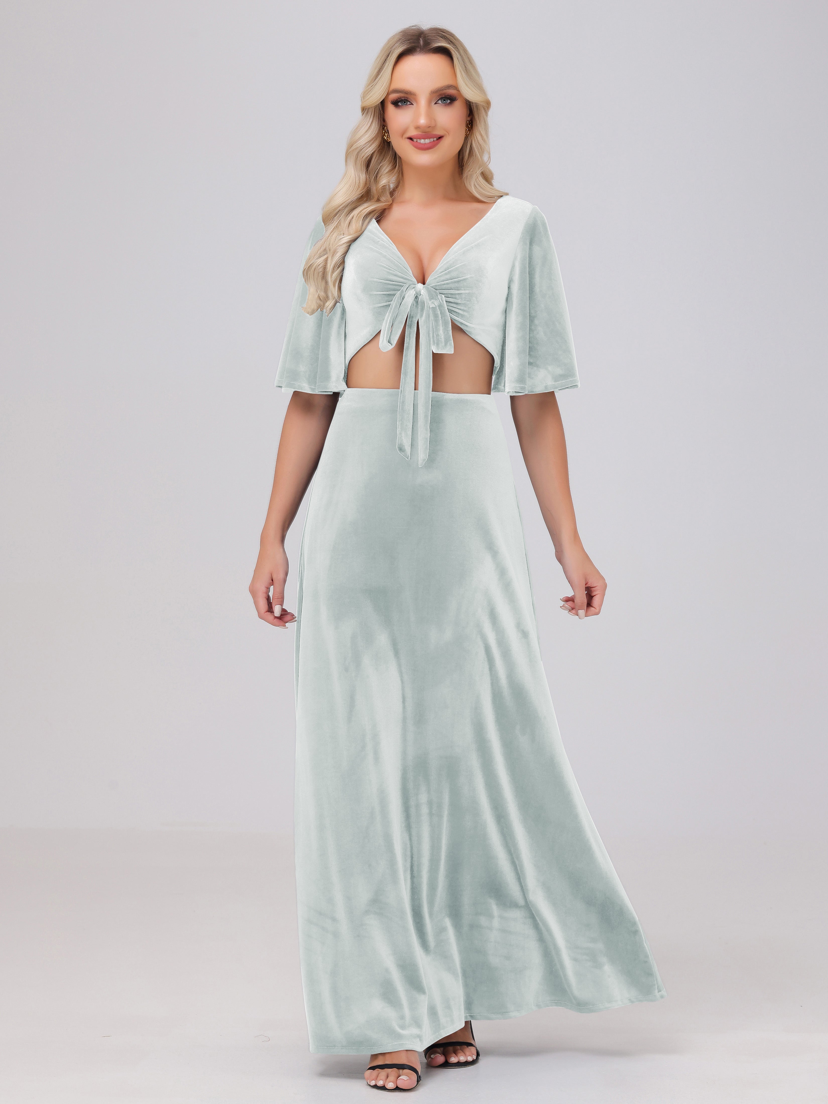 Short Sleeves Chest Tie A-line Velvet Bridesmaid Dresses