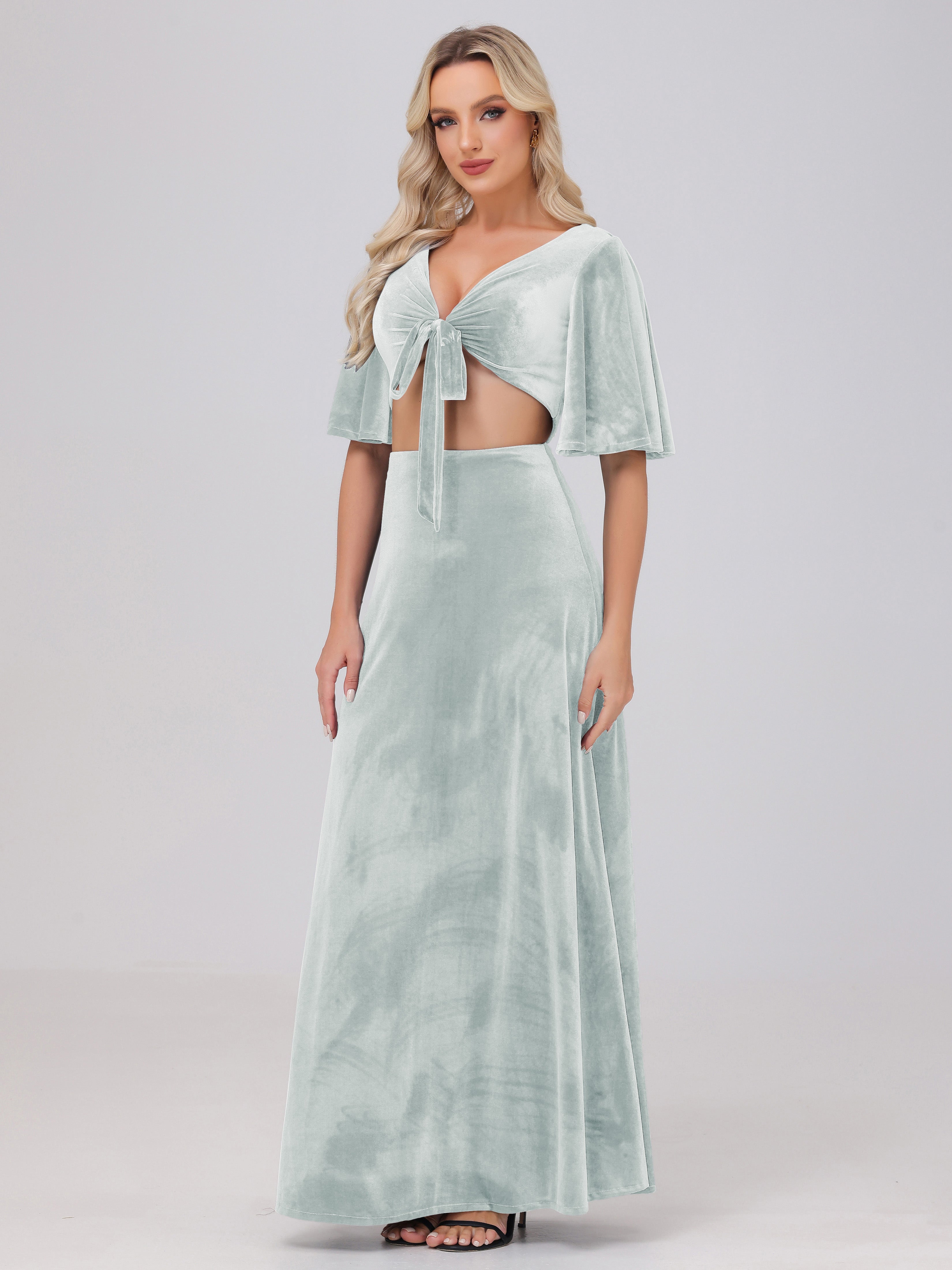 Short Sleeves Chest Tie A-line Velvet Bridesmaid Dresses