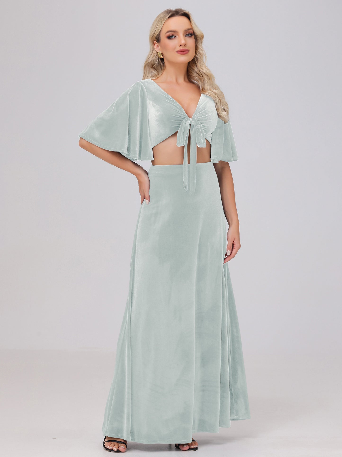 Short Sleeves Chest Tie A-line Velvet Bridesmaid Dresses