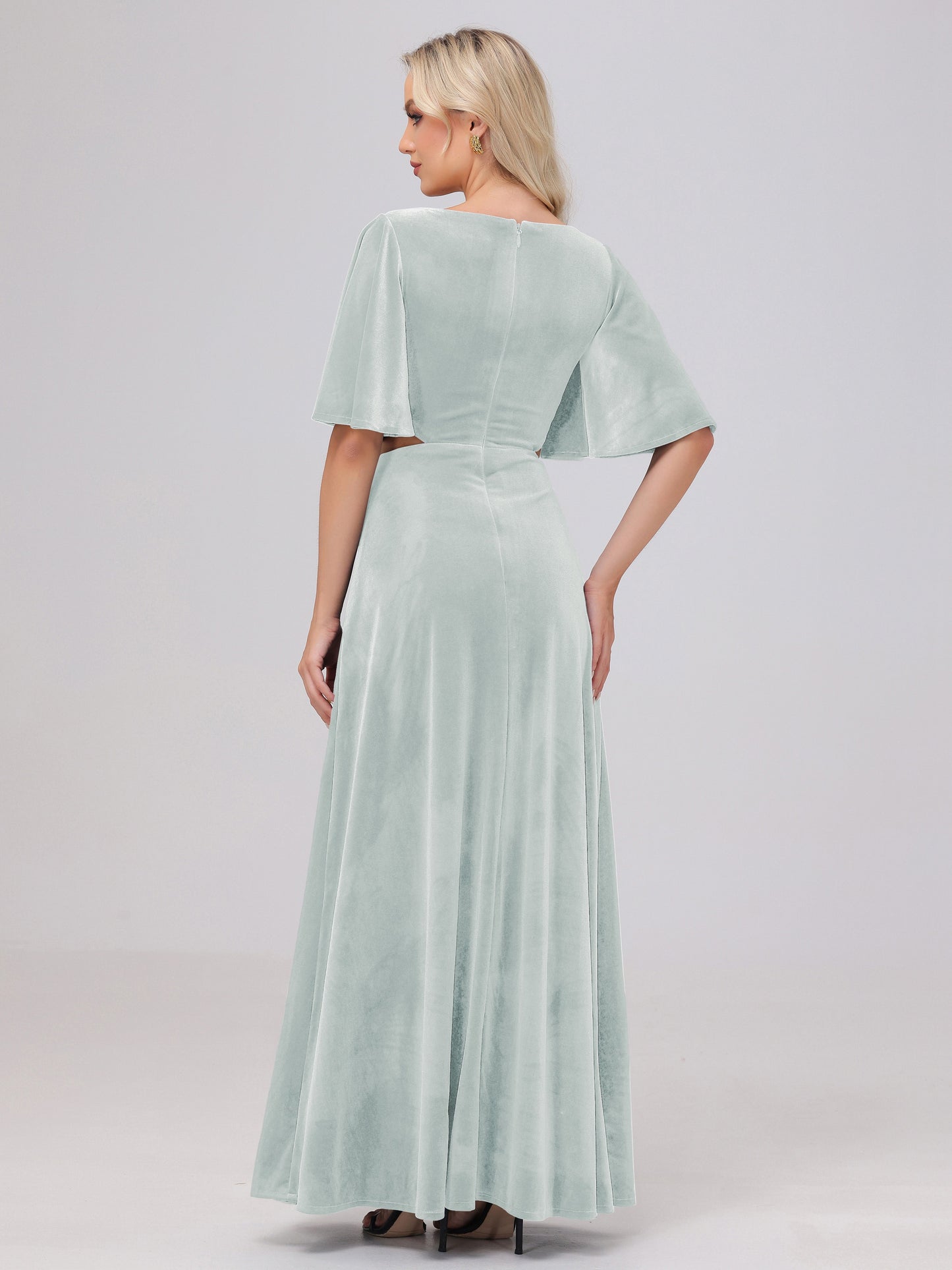 Short Sleeves Chest Tie A-line Velvet Bridesmaid Dresses