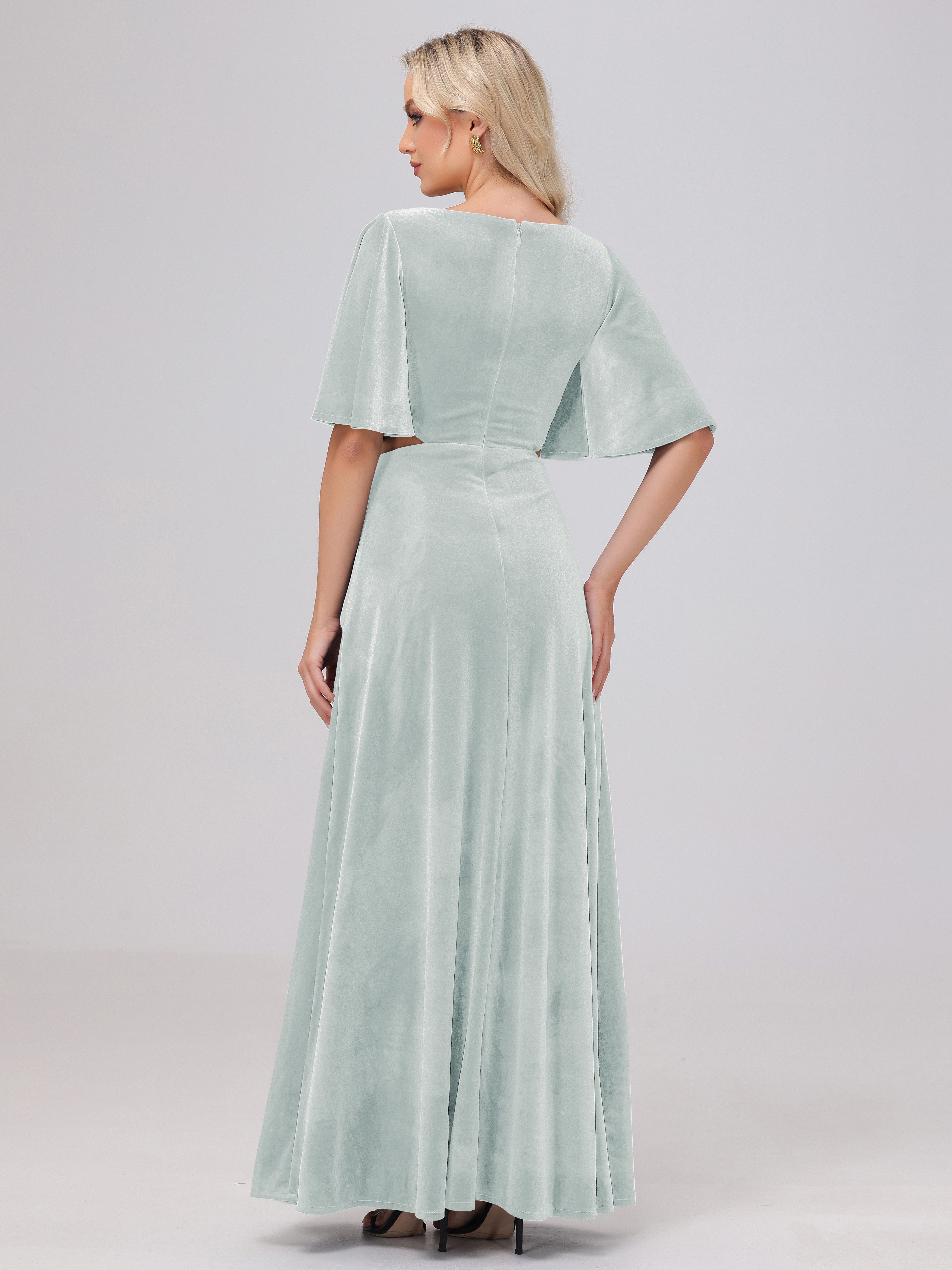 Short Sleeves Chest Tie A-line Velvet Bridesmaid Dresses