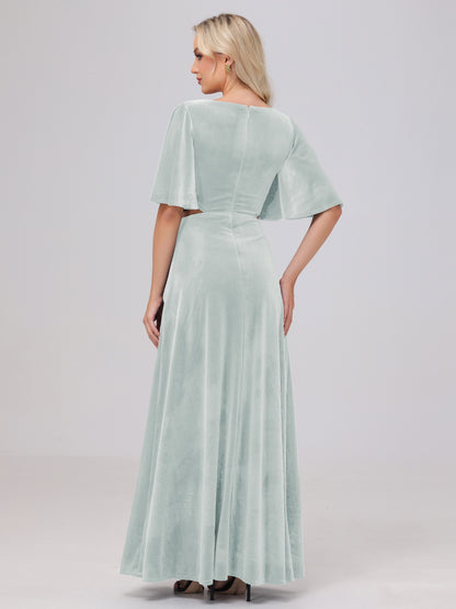 Short Sleeves Chest Tie A-line Velvet Bridesmaid Dresses