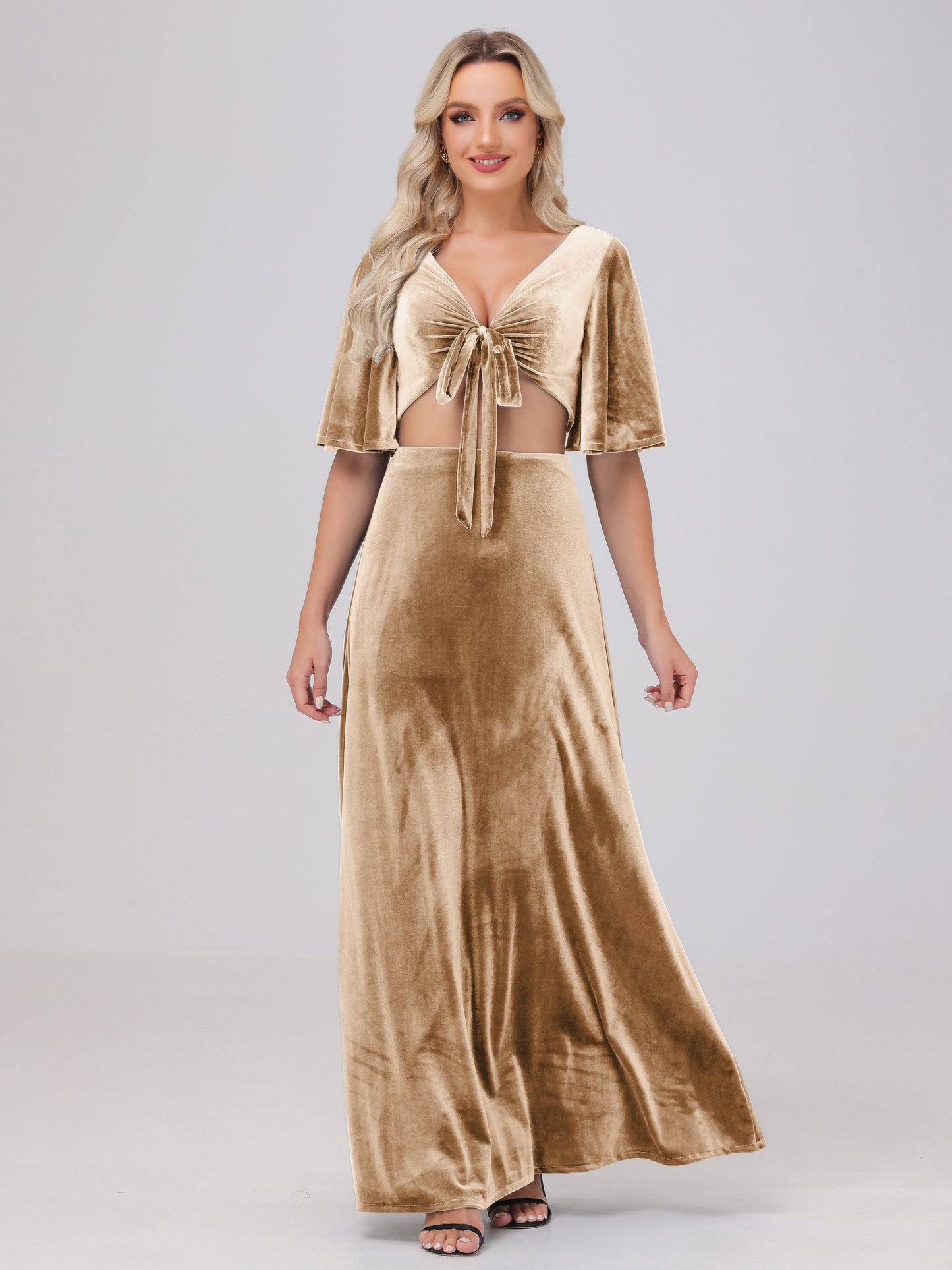 Short Sleeves Chest Tie A-line Velvet Bridesmaid Dresses