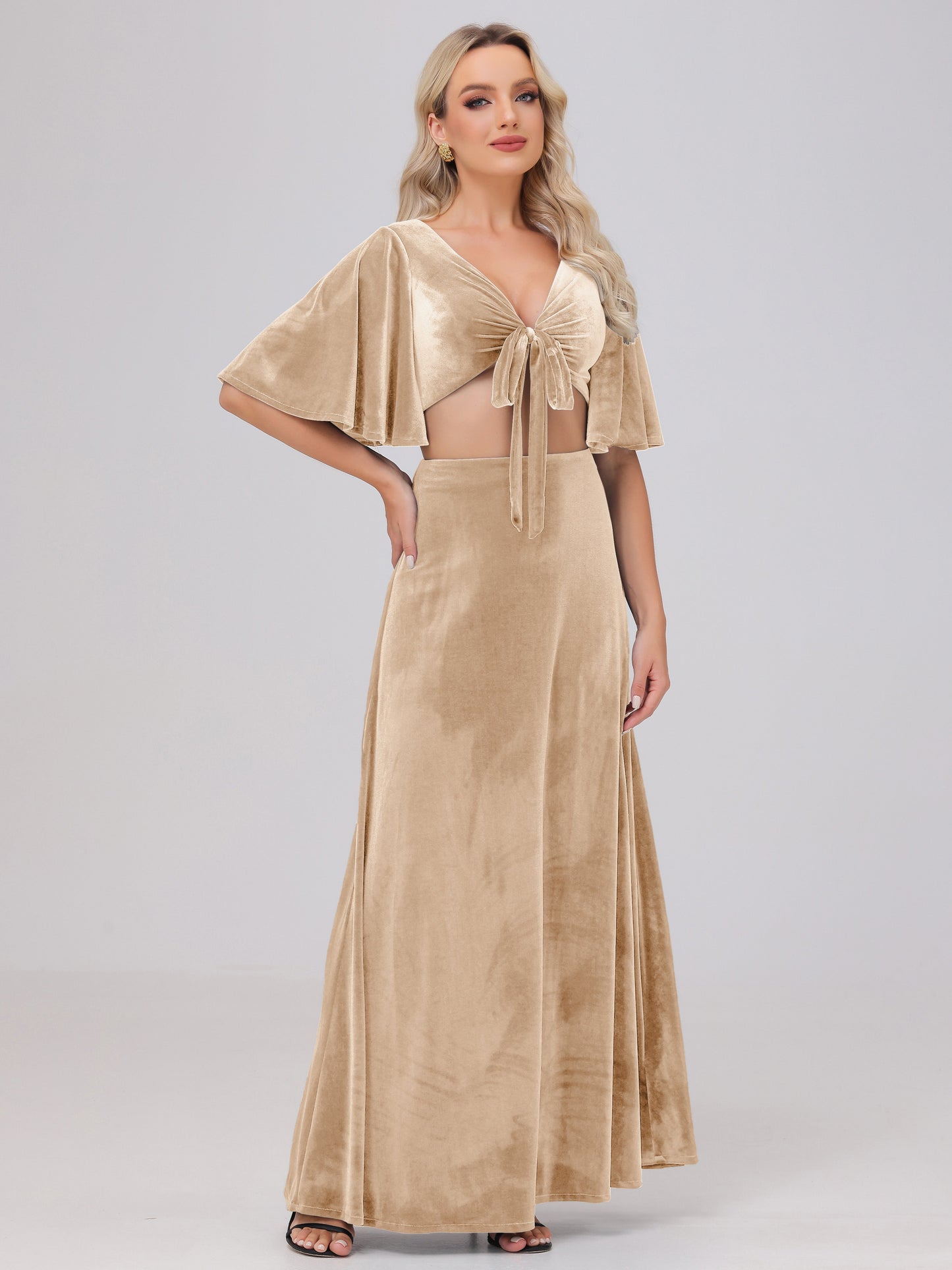 Short Sleeves Chest Tie A-line Velvet Bridesmaid Dresses