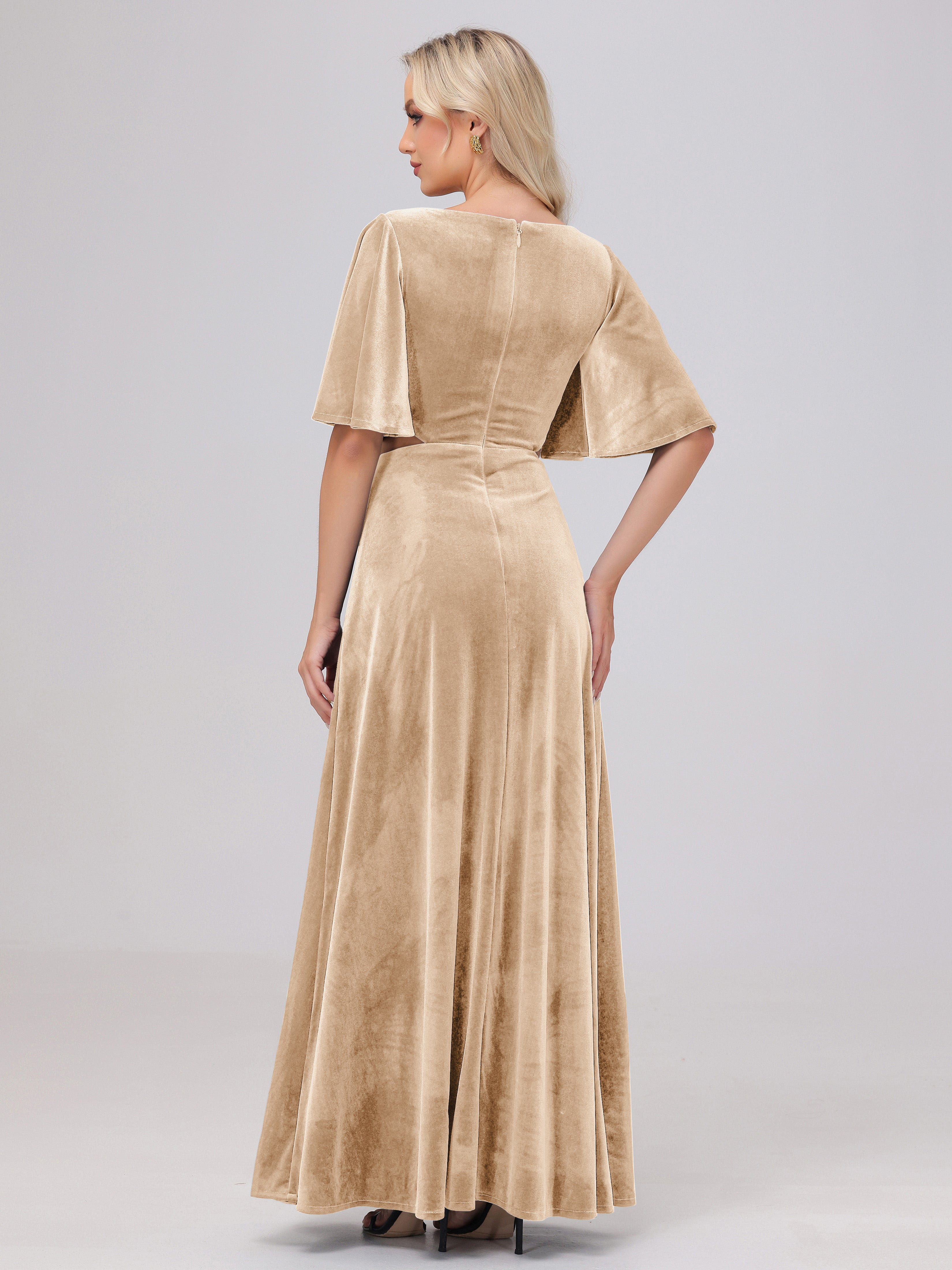 Short Sleeves Chest Tie A-line Velvet Bridesmaid Dresses