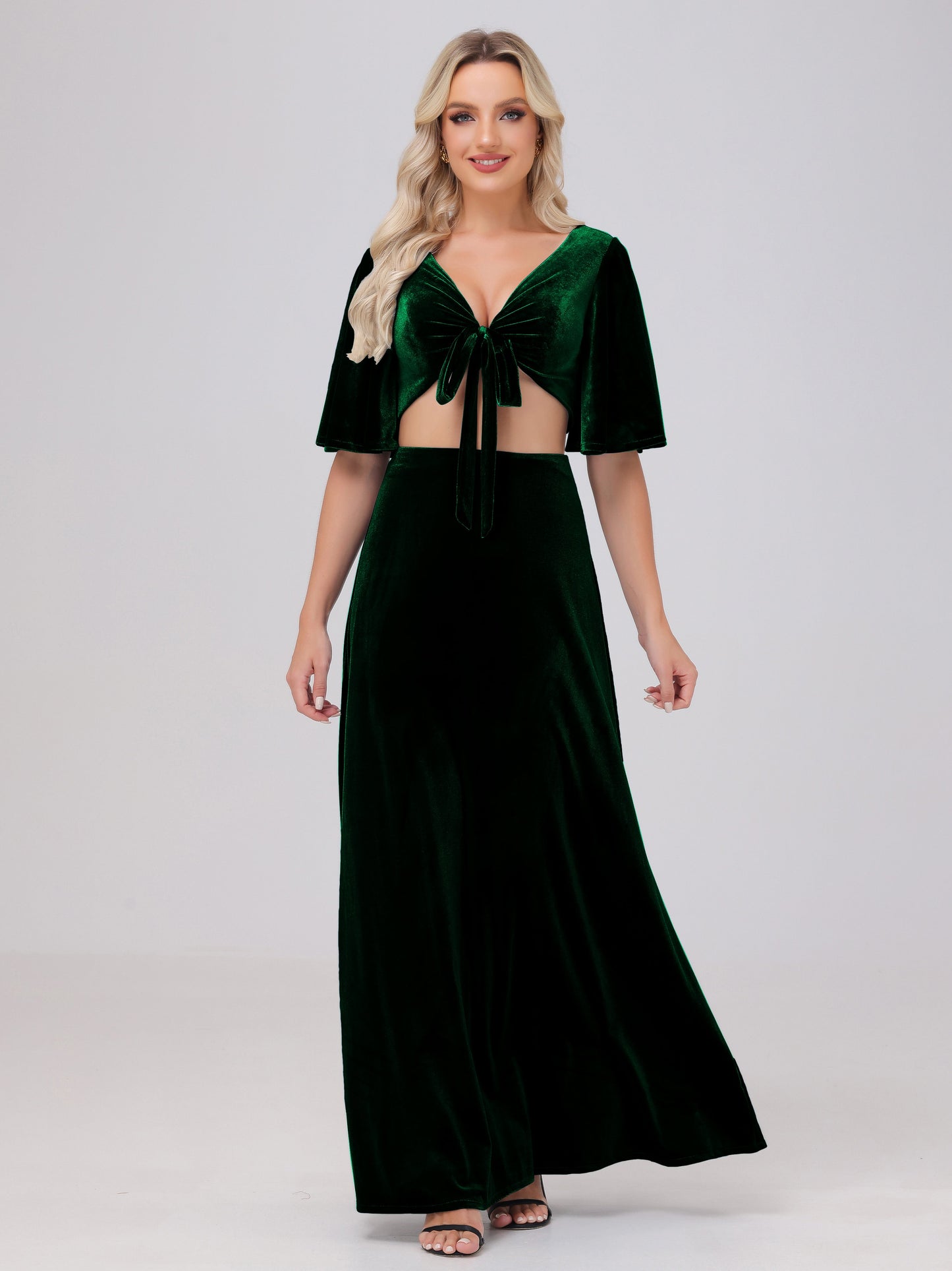 Short Sleeves Chest Tie A-line Velvet Bridesmaid Dresses