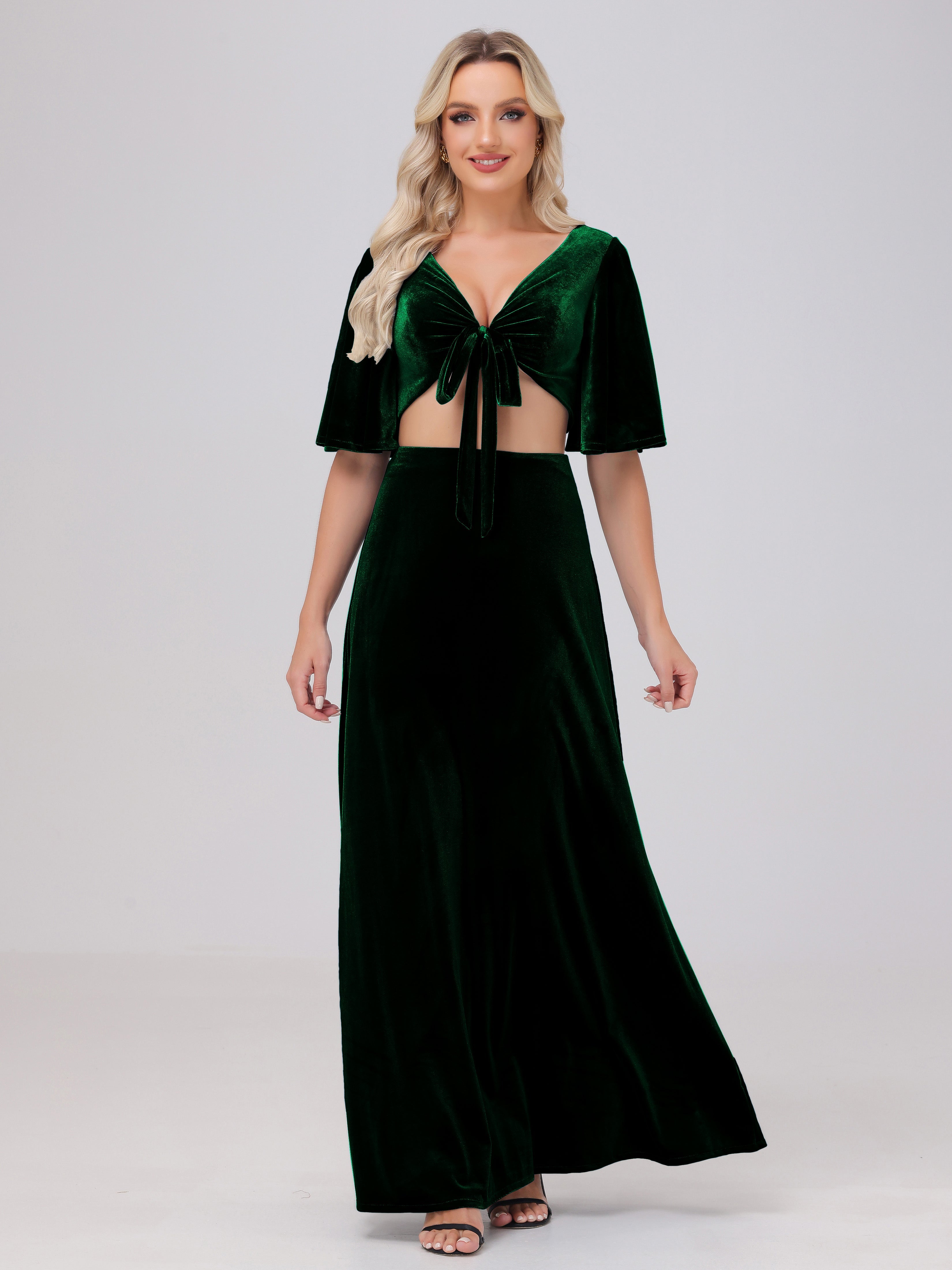 Short Sleeves Chest Tie A-line Velvet Bridesmaid Dresses