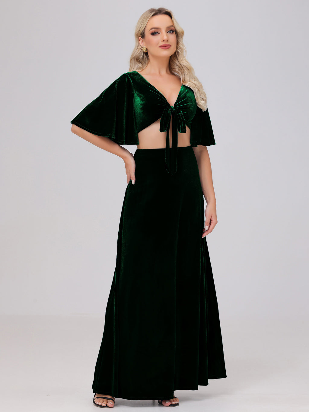 Short Sleeves Chest Tie A-line Velvet Bridesmaid Dresses