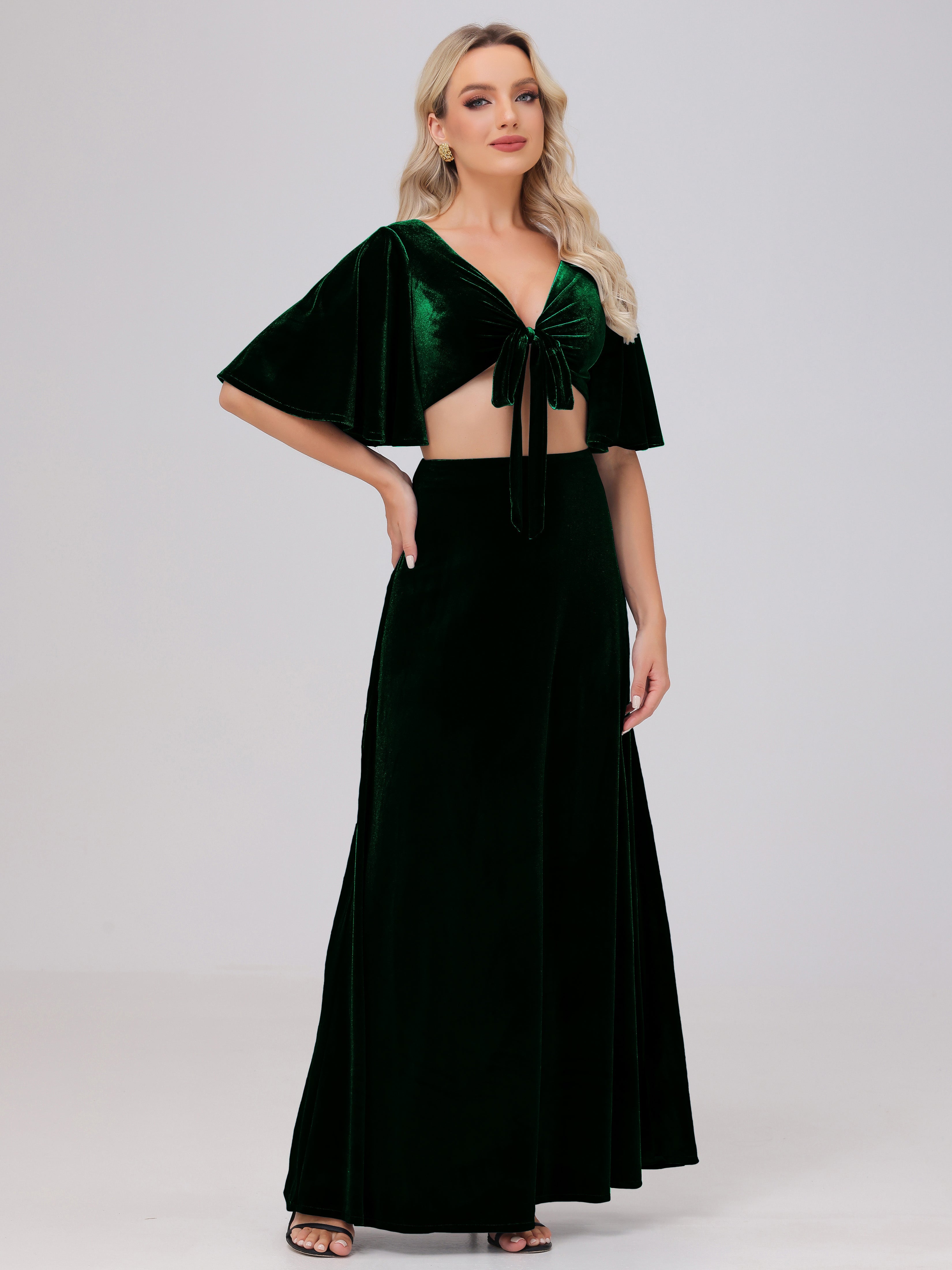 Short Sleeves Chest Tie A-line Velvet Bridesmaid Dresses