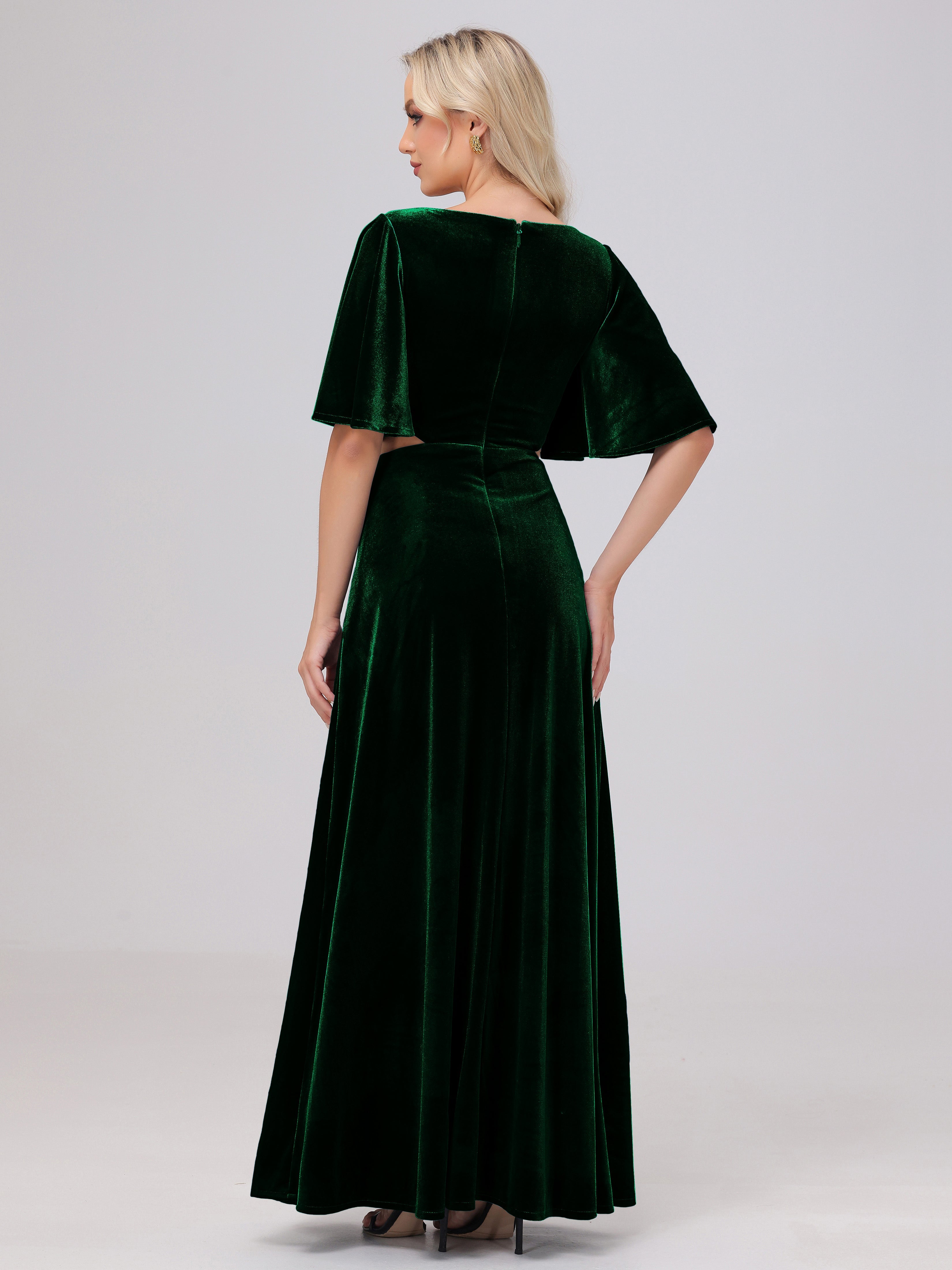 Short Sleeves Chest Tie A-line Velvet Bridesmaid Dresses