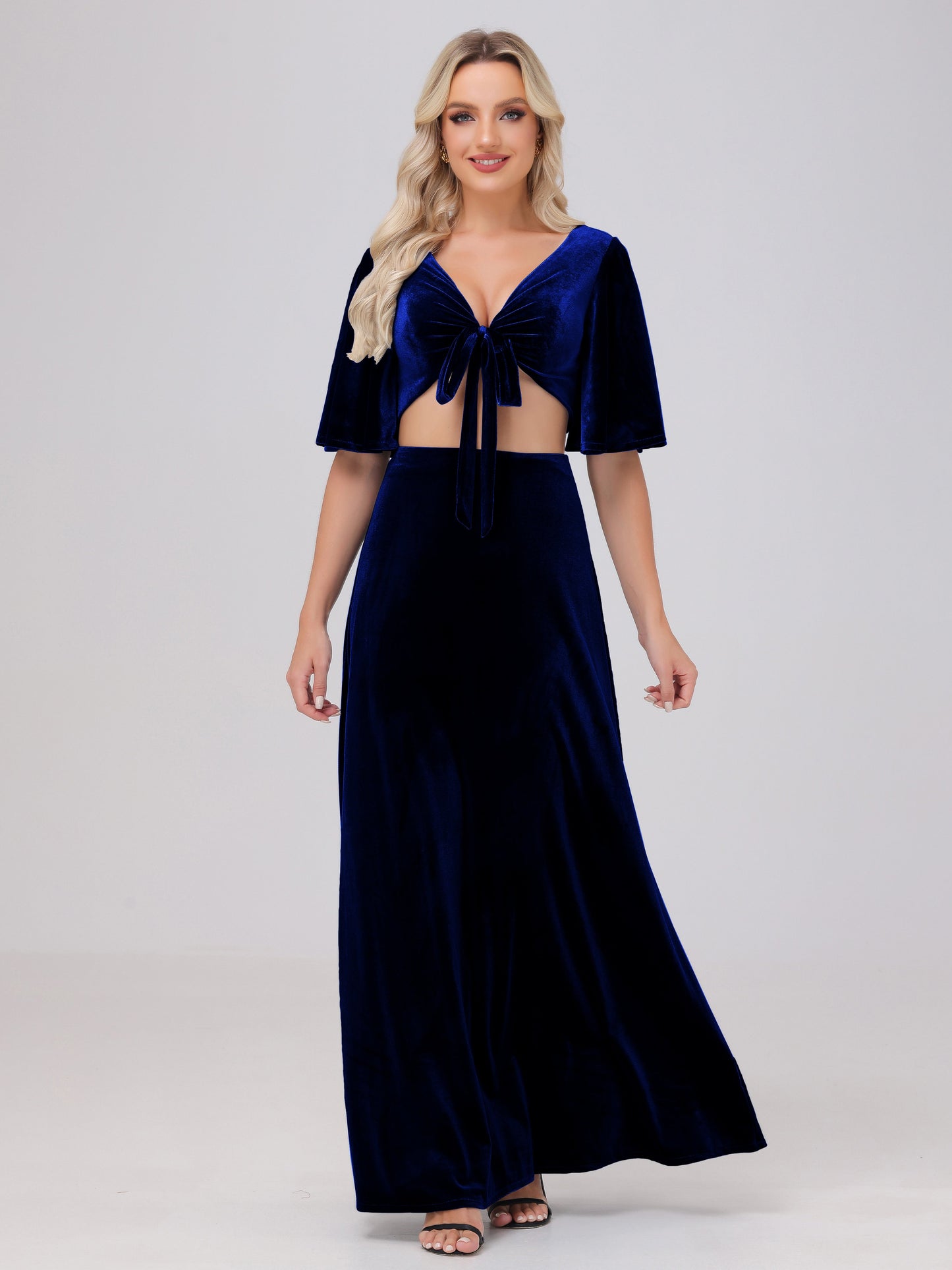 Short Sleeves Chest Tie A-line Velvet Bridesmaid Dresses