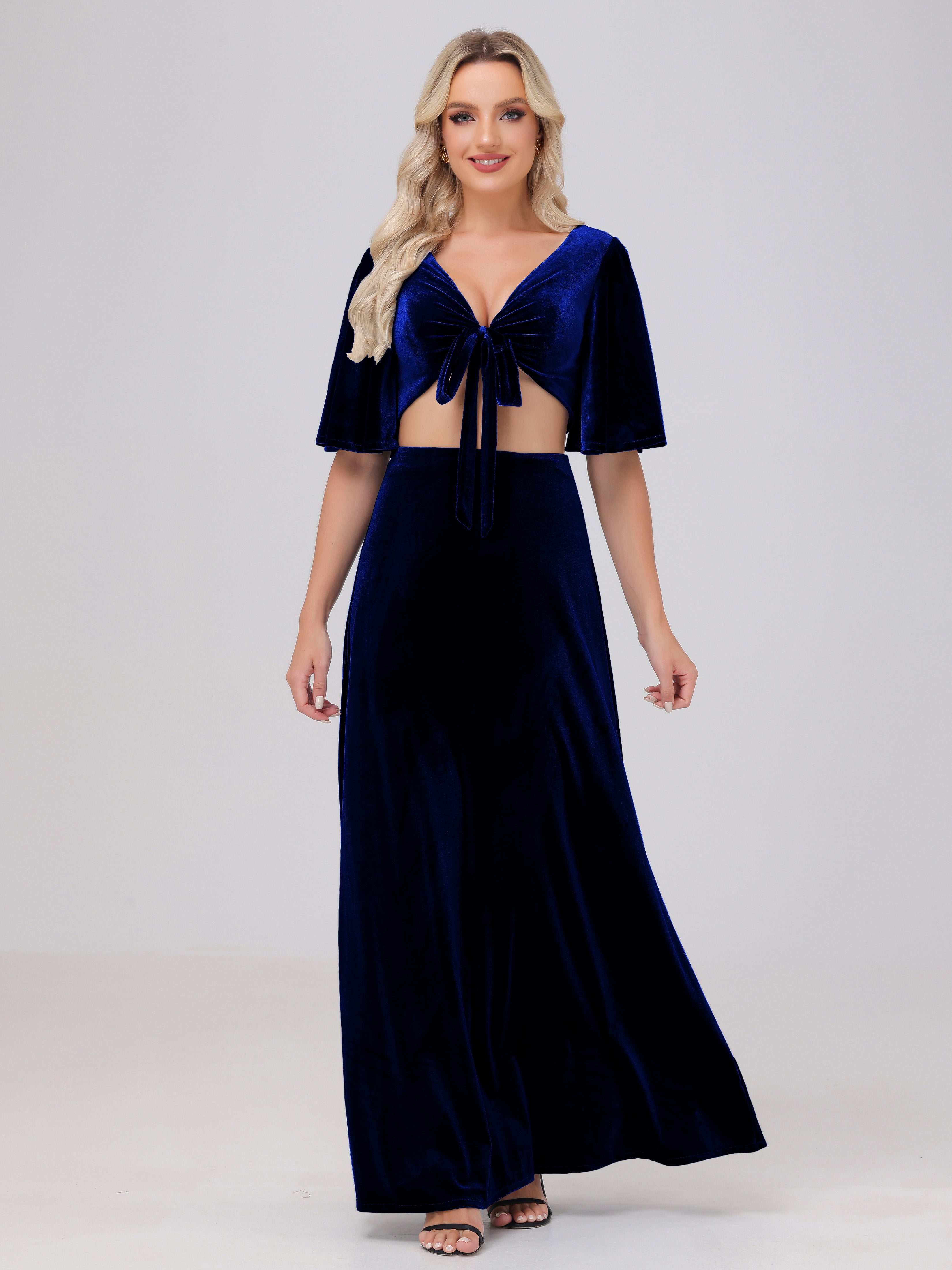 Short Sleeves Chest Tie A-line Velvet Bridesmaid Dresses